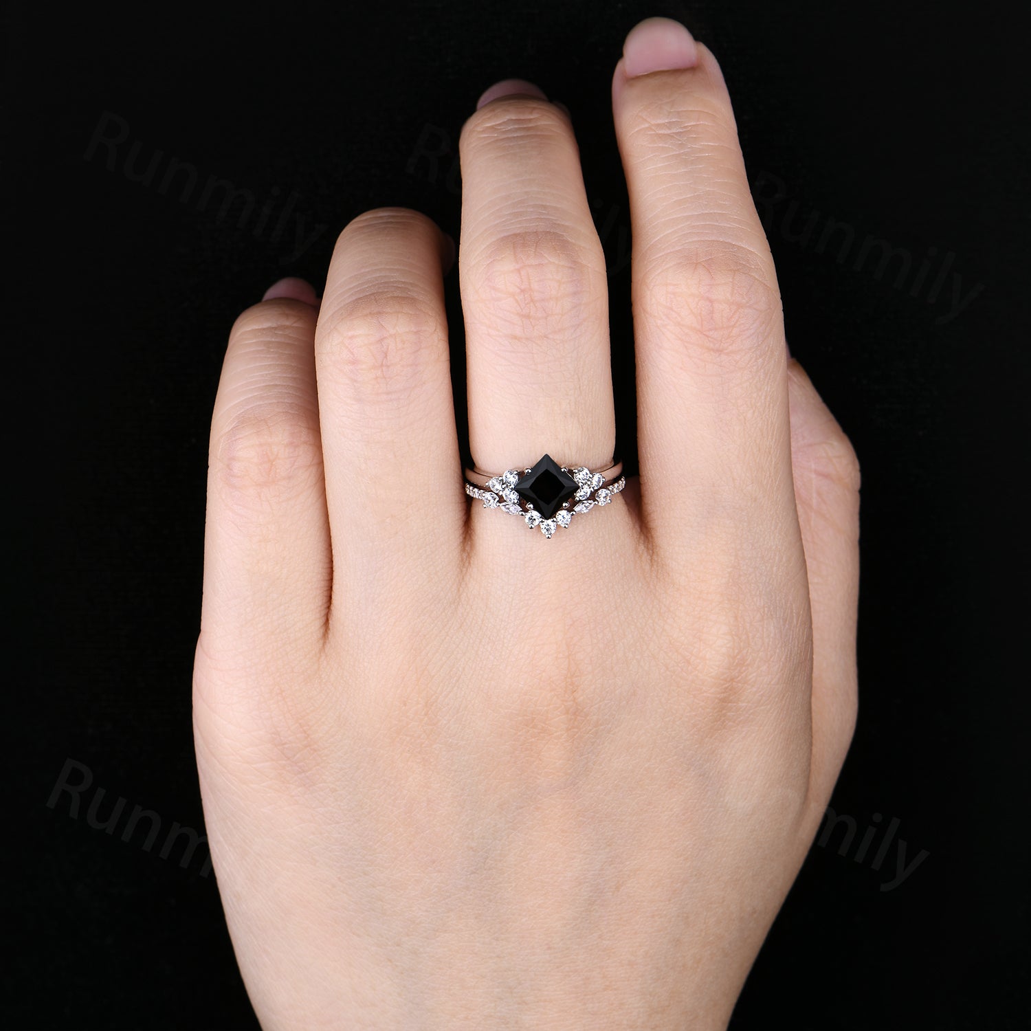 Princess Cut Black Onyx Engagement Ring Set Vintage Art Deco Moissanite Stacking Bridal Wedding Ring Unique Promise Anniversary Ring