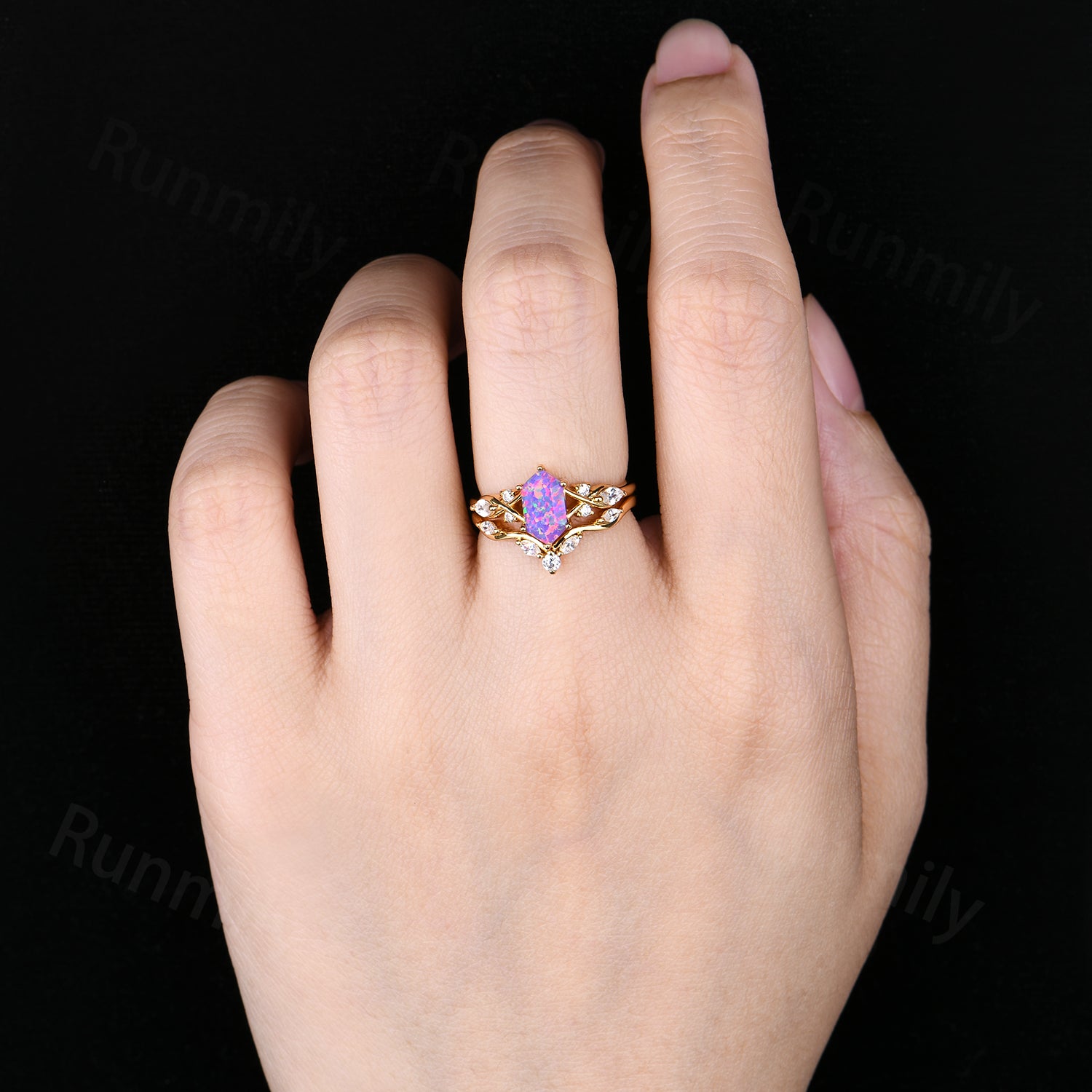 Vintage Lavender Opal Engagement Ring Set Solid Yellow Gold Moissanite Bridal Ring Purple Opal Ring For Women Anniversary Gifts