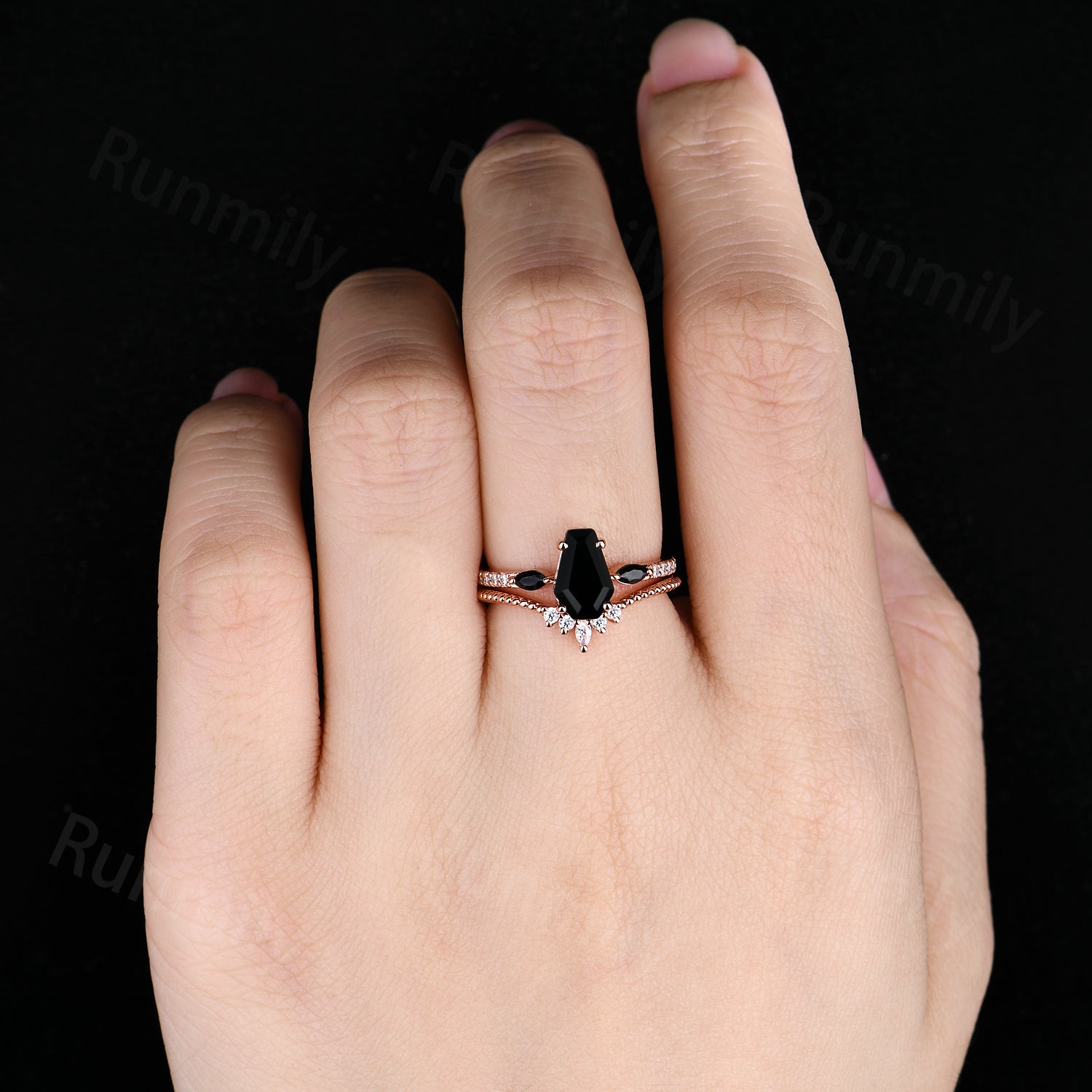 Gothic Coffin Shaped Black Onyx Wedding Ring Set Unique Moissanite Curved Band Black Gem Engagement Promise Ring