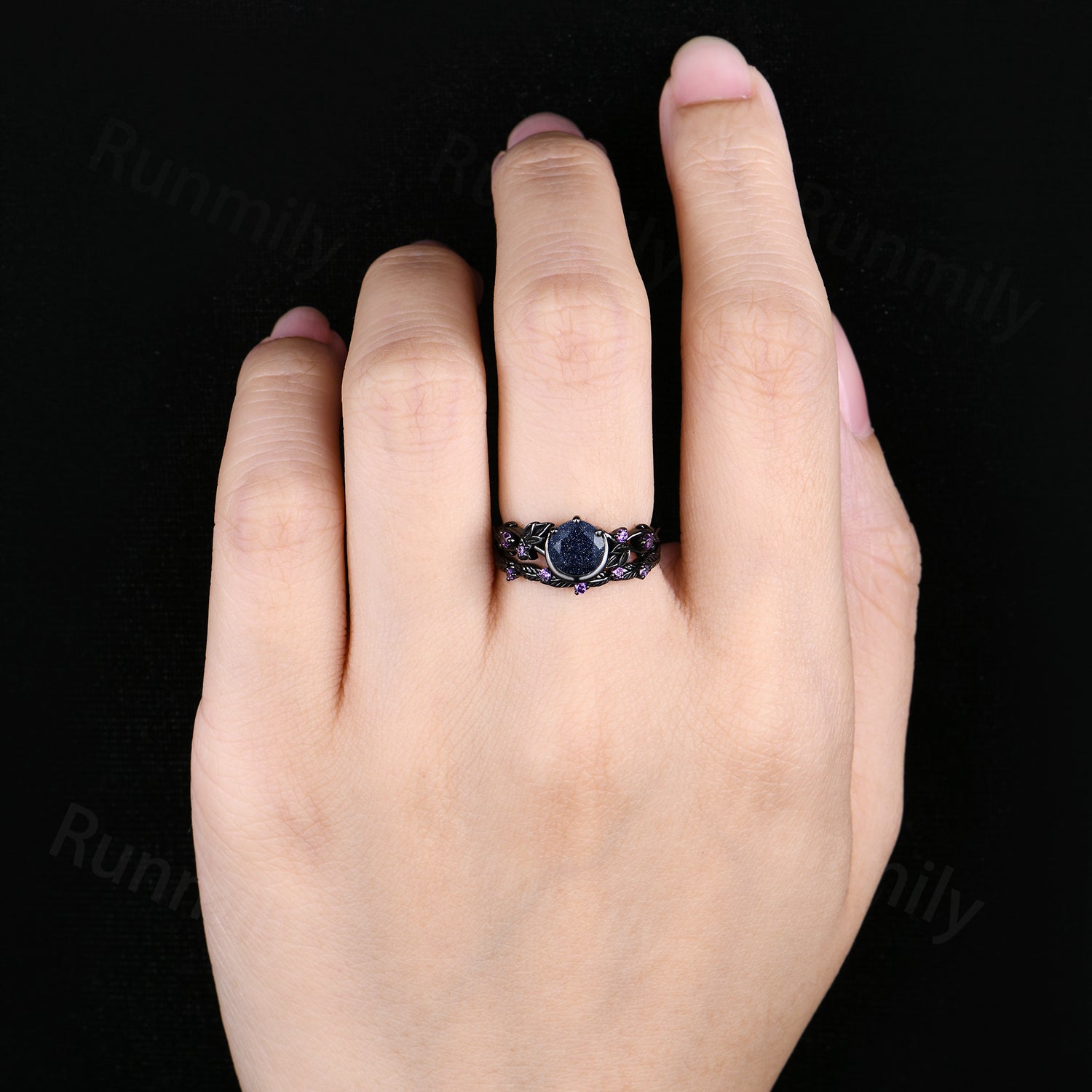1CT Nature Inspired Round Galaxy Blue Sandstone Amethyst Bridal Set Unique Branch Leaf Starry Night Black Gold Wedding Ring Set