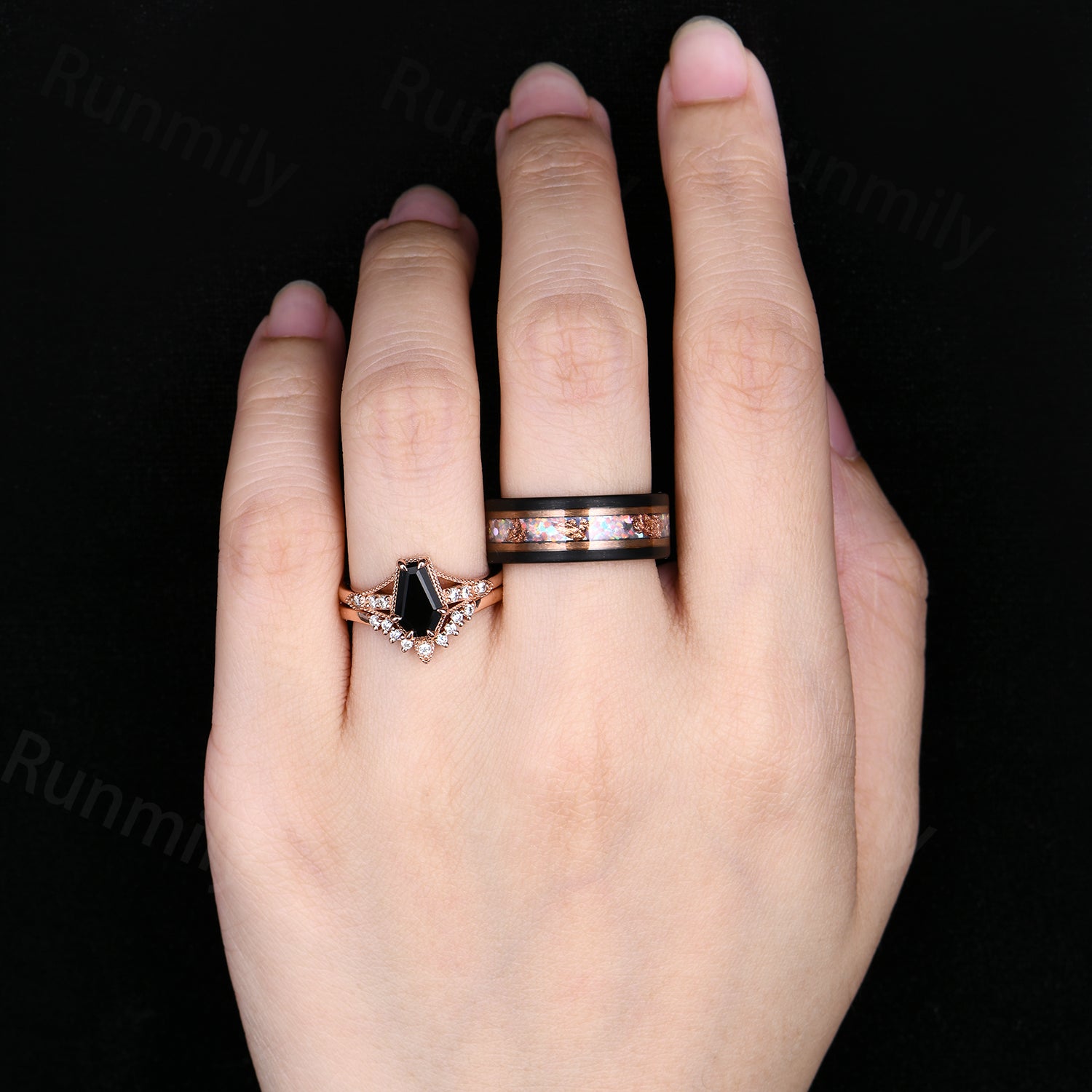 Unique Coffin Black Onyx Couples Ring Art Deco Rose Gold & Tungsten Ring For Men For Women
