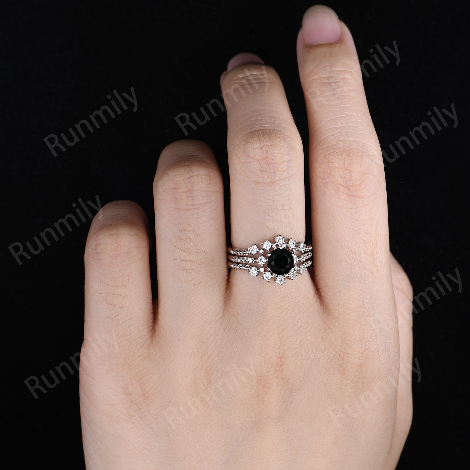 Round Cut Black Onyx Engagement Ring Set Sterling Silver Double Curved Moissanite Bridal Ring Set Unique Promise Anniversary Ring