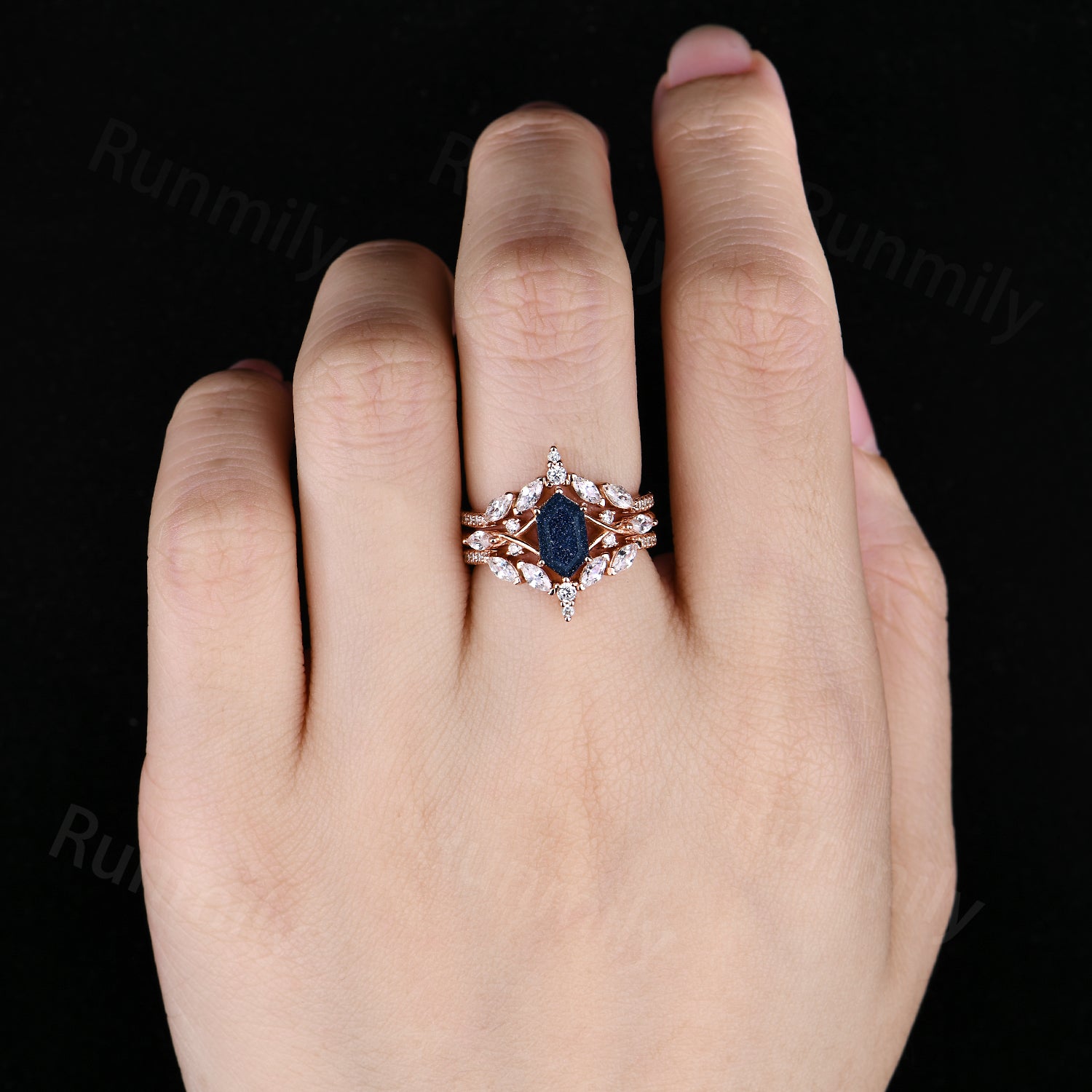 Vintage Blue Sandstone Engagement Ring Set Women Rose Gold Hexagon Wedding Ring Double Curved Moissanite Enhancer Stacking Bridal Ring