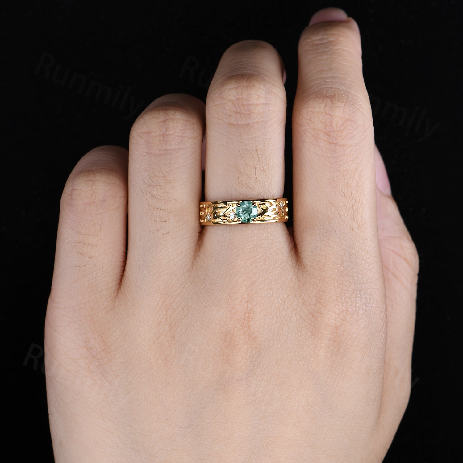 Round Cut Green Moss Agate Engagement Ring Green Gemstone Ring For Men Solid 14K Gold Ring Nature Inspired Ring Mens Gold Ring