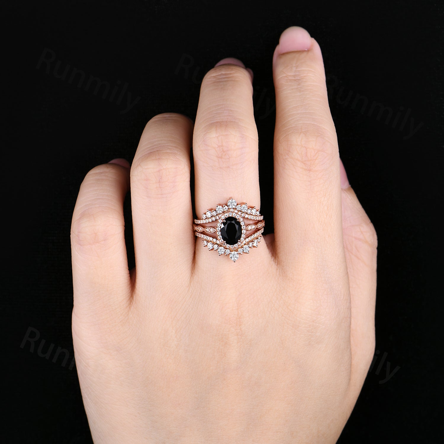 Vintage Black onyx engagement ring Set Unique rose gold Cluster moissanite ring Double curved wedding band Bridal Promise ring gift