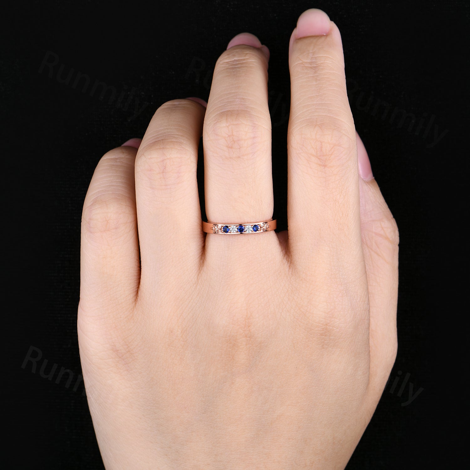 Vintage Blue Sapphire Rose Gold Leaf Moissanite Band: Sterling Silver Wedding Ring