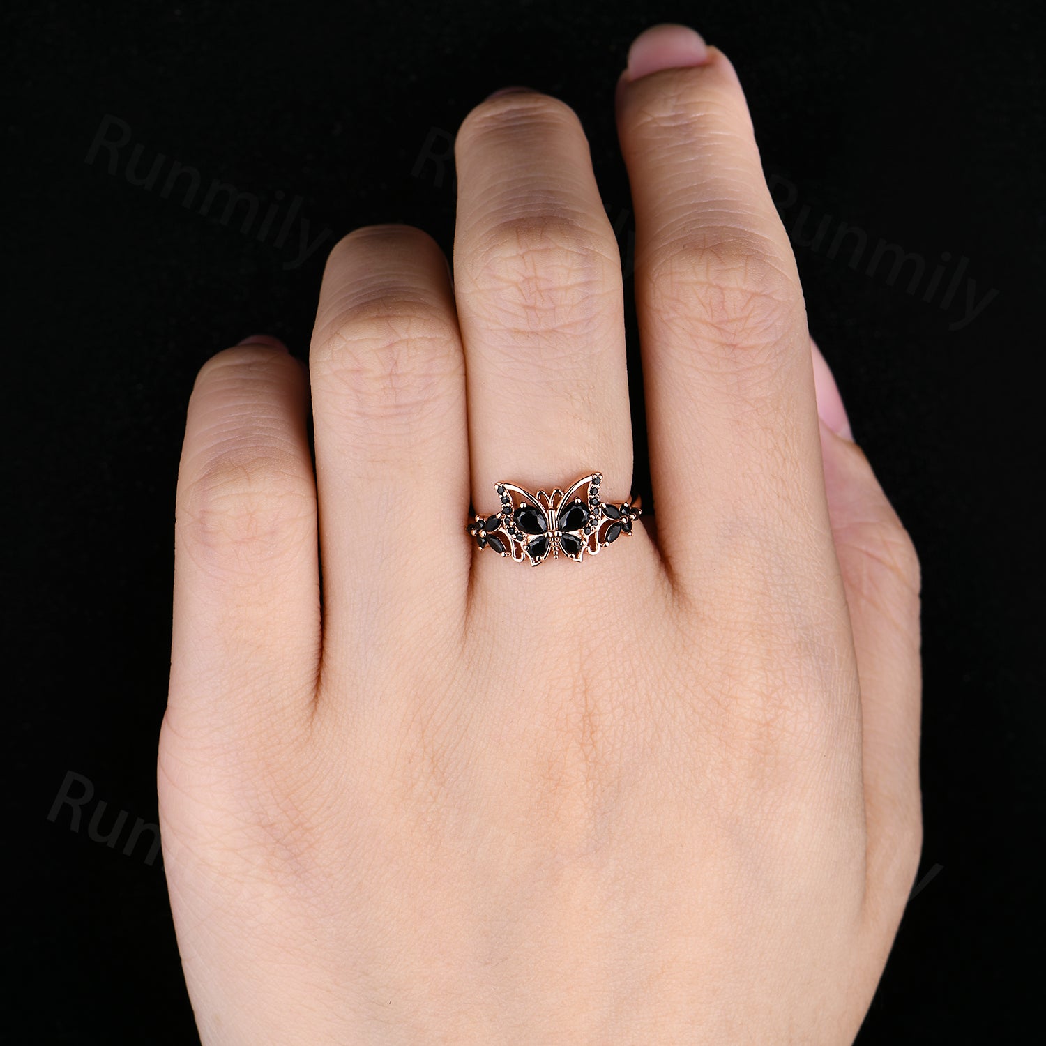 Butterfly Black Onyx Engagement Ring Pear Shaped Cluster Women Wedding Ring Anniversary Gift