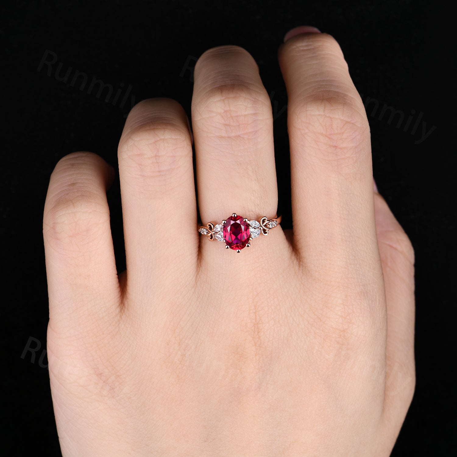 Oval cut Ruby engagement ring vintage unique moissanite cluster ring Rose gold promise anniversary ring for Her
