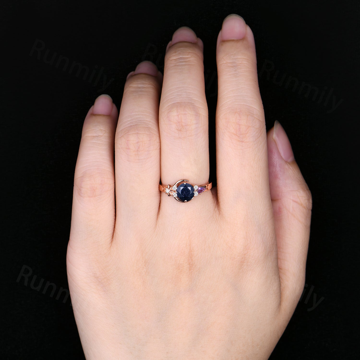 6.5mm Round Galaxy Blue Sandstone Crescent Moon Ring Vintage Art Deco Rose Gold Amethyst Wedding Ring Cluster Promise Rings