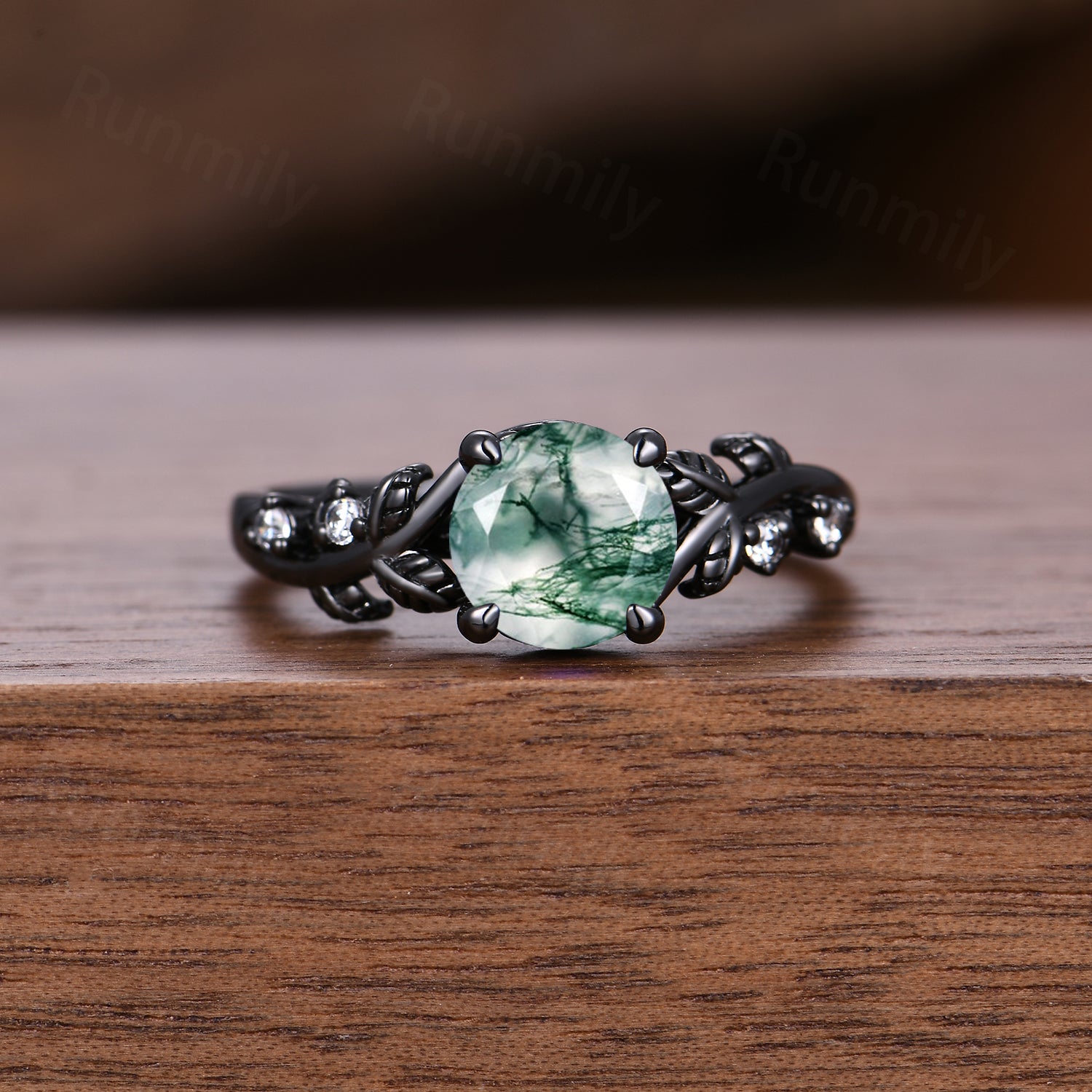 Natural Moss Agate Couples Ring Set Gothic Black Gold His and Her Wedding Band Mens Moss Agate Ring Unique Round Cut Promise Rings