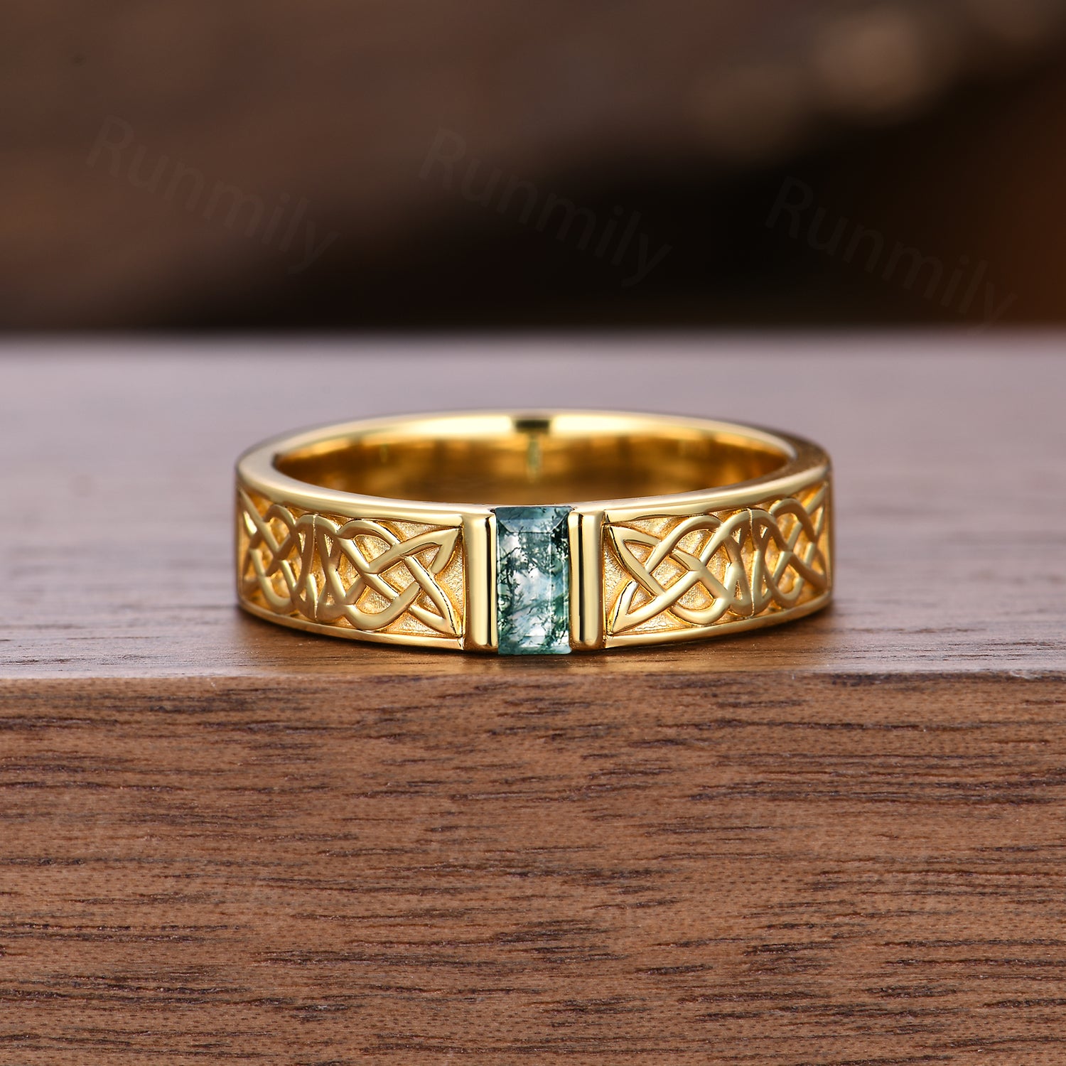 Celtic Knot Ring, Moss Agate Mens Wedding Band, Baguette Cut Gem Ring, Stacking Wedding Band, Yellow Gold Engagement Anniversary Mens Ring