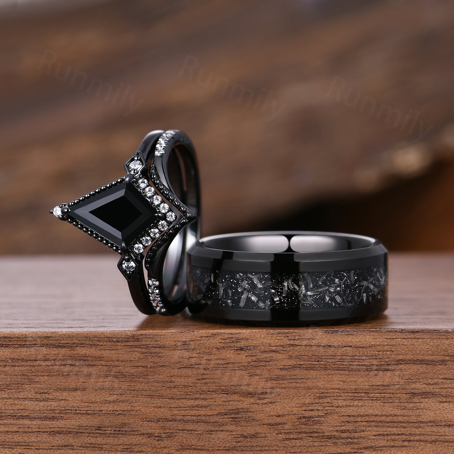 Black Onyx & Meteorite Couples Ring- His and Hers Wedding Band- Black Gold Ring Set- Matching Art Deco Couples Unique Vintage Promise Ring