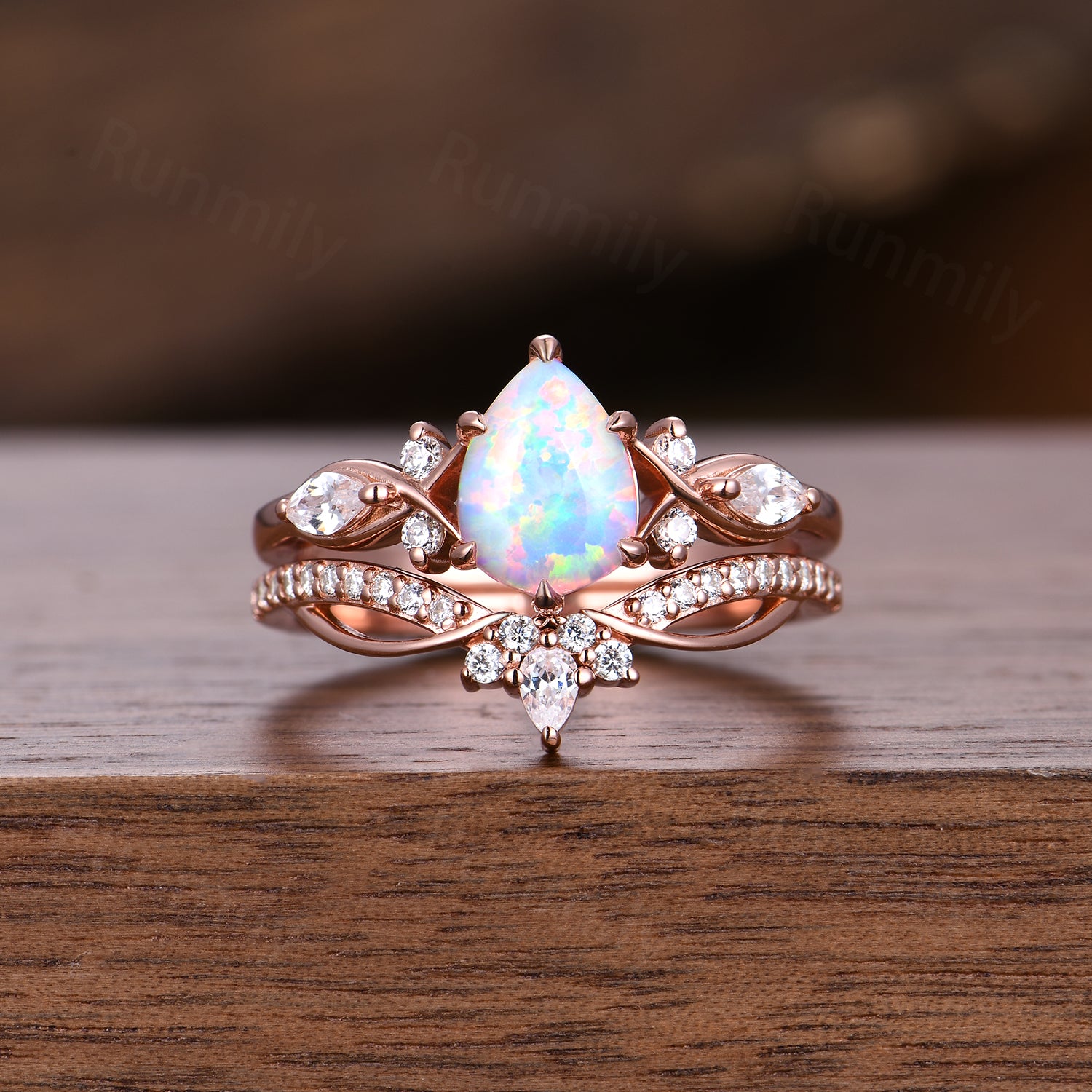 Vintage Pear Opal Couples Ring Set Unique Cluster Diamond Bridal Ring Rose Gold His and Hers Bands Mens Opal Tungsten Ring Promise Rings