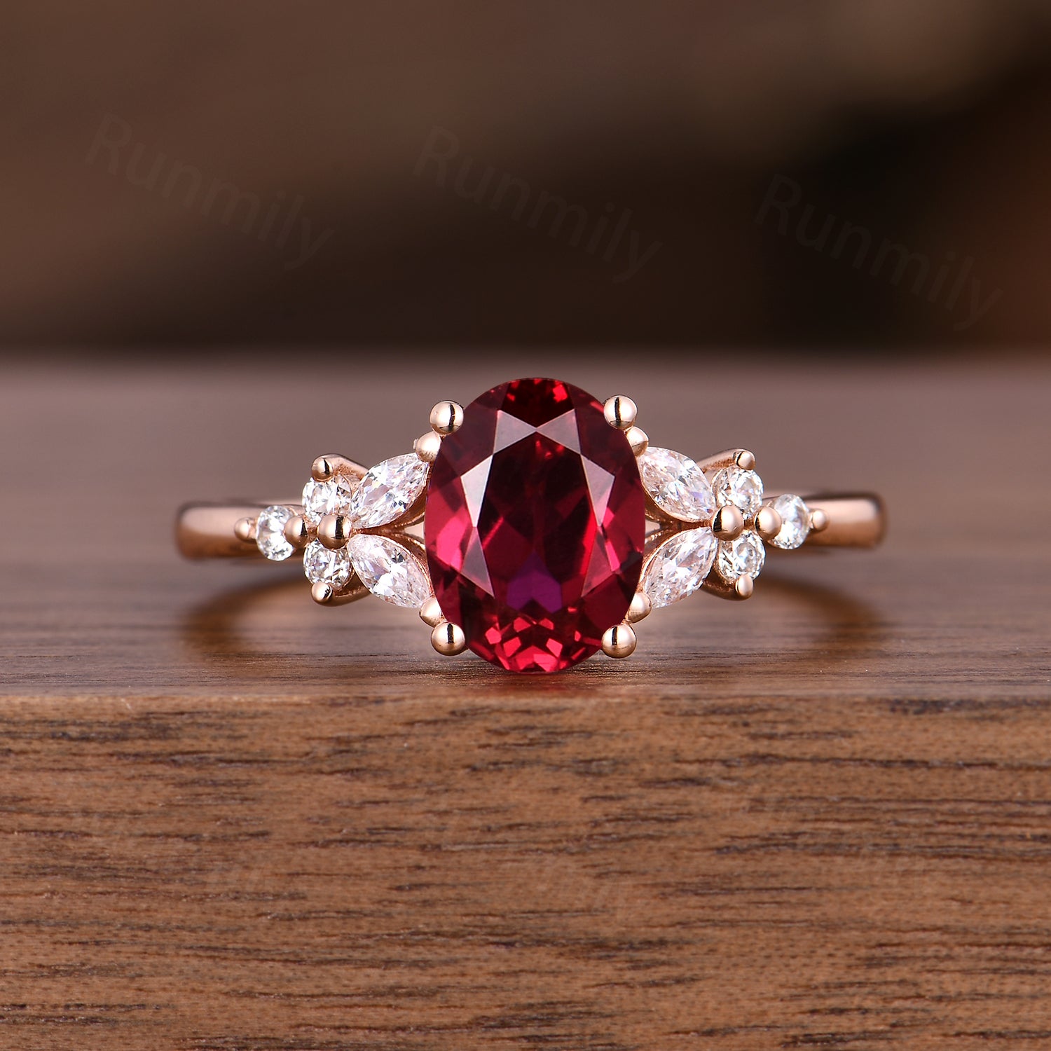 Vintage Oval Ruby Engagement Ring Set Art Deco Double Curved Moissanite Band Rose Gold Stacking Bridal Ring Set