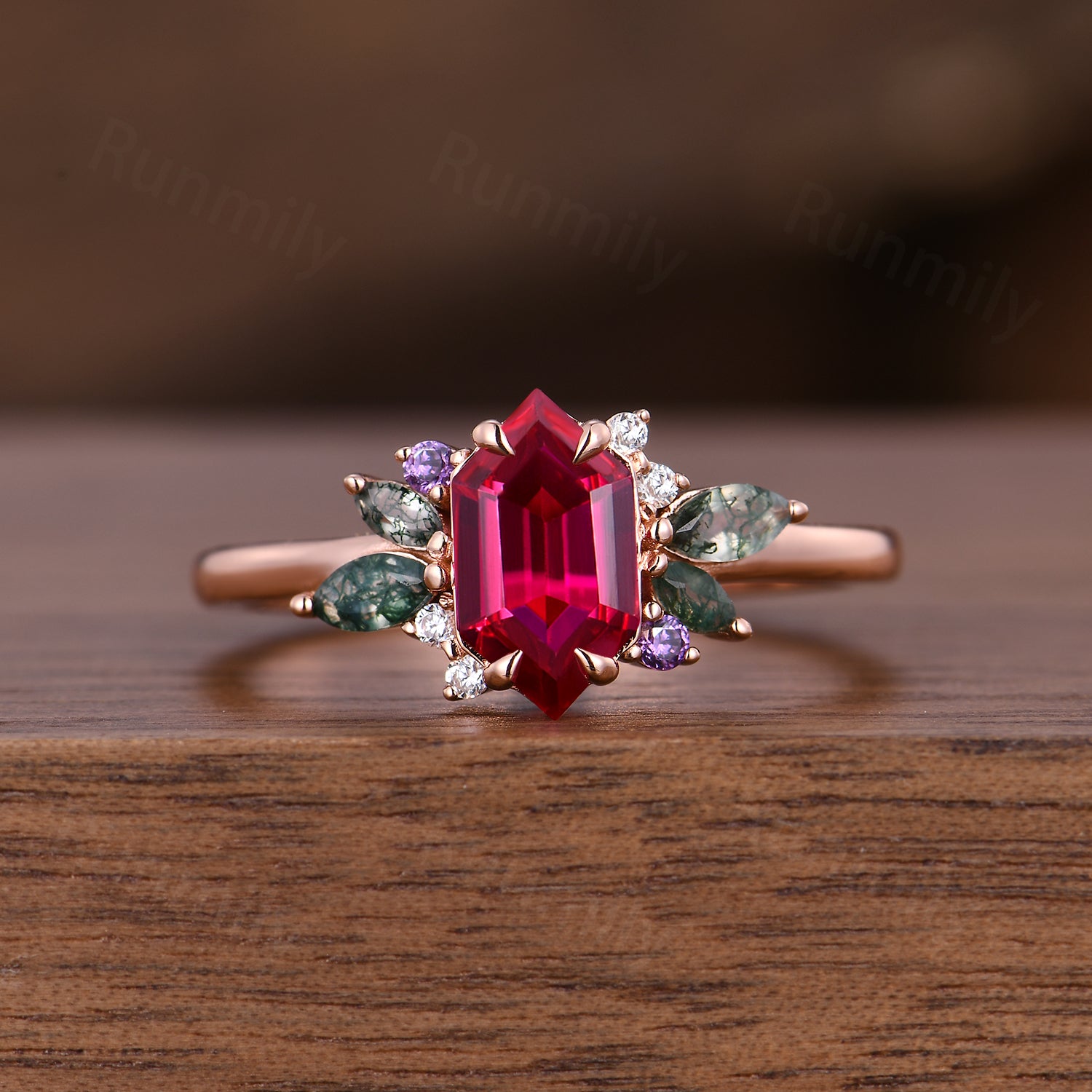 Hexagon cut Ruby Opal engagement ring set women 14k rose gold moss agate branch leaf cluster wedding band Floral promise ring for her