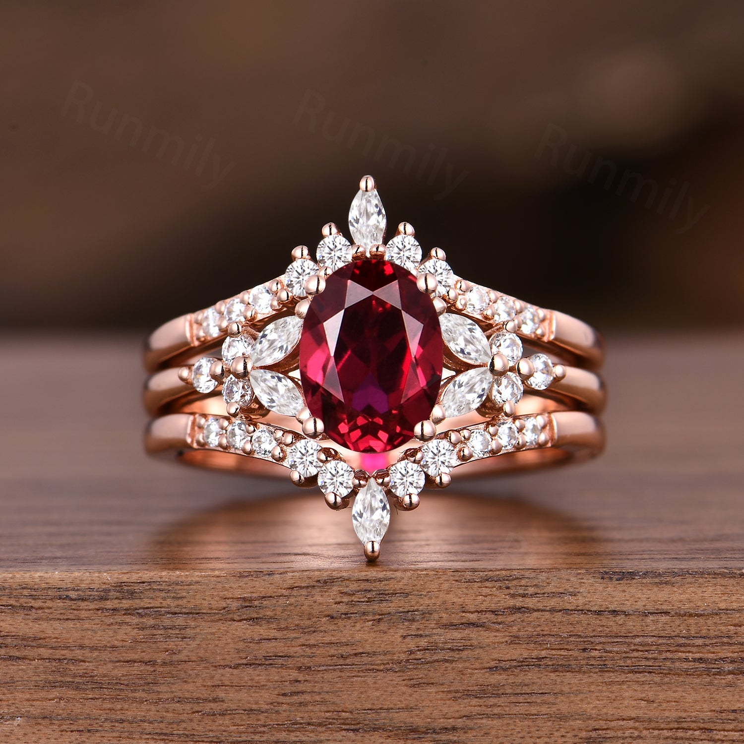 Vintage Oval Ruby Engagement Ring Set Art Deco Double Curved Moissanite Band Rose Gold Stacking Bridal Ring Set