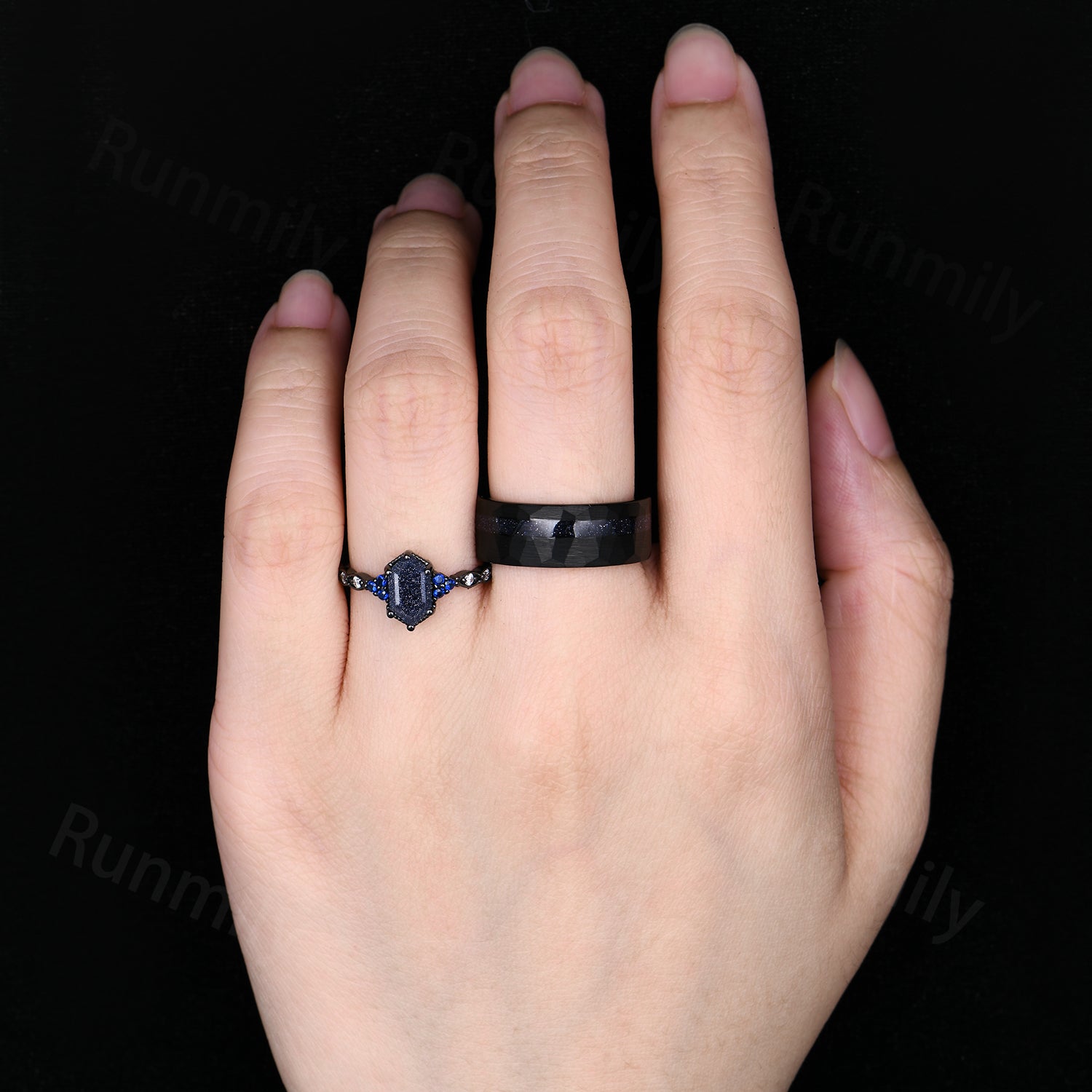 Orion Nebula Couples Ring Set, His and Hers Galaxy Sandstone Starry Night Wedding Band, Unique Matching Couples Promise Ring Set