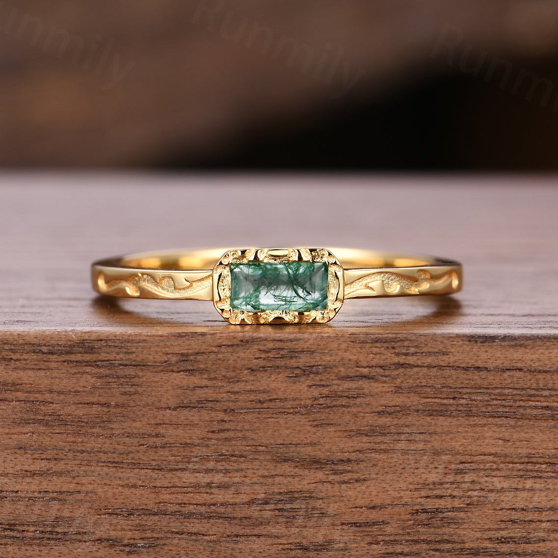 Art Deco Baguette Moss Agate Wedding Ring Unique Filigree Wedding Band Solid 14K Yellow Gold Ring For Women Anniversary Vintage Band