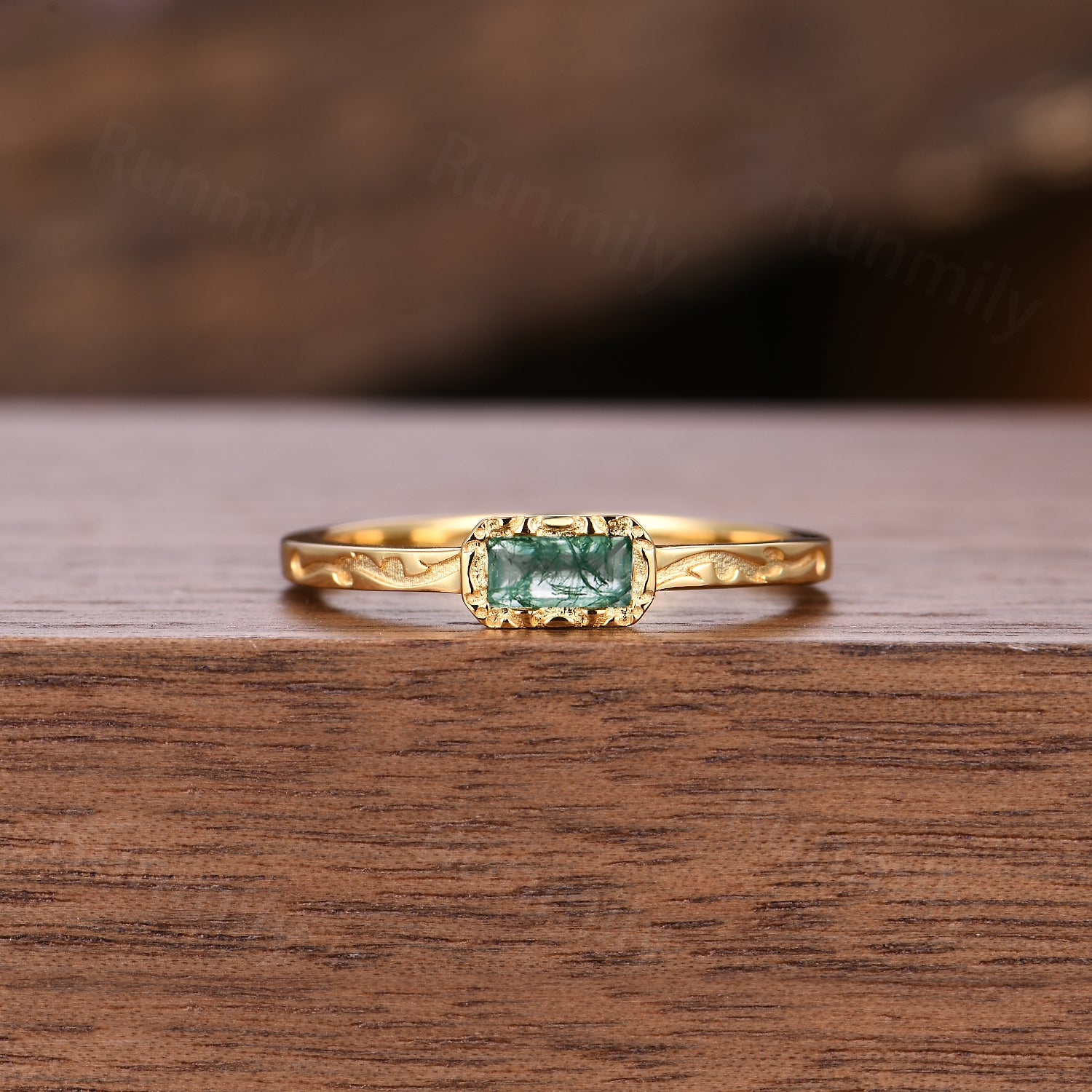 Art Deco Baguette Moss Agate Wedding Ring Unique Filigree Wedding Band Solid 14K Yellow Gold Ring For Women Anniversary Vintage Band