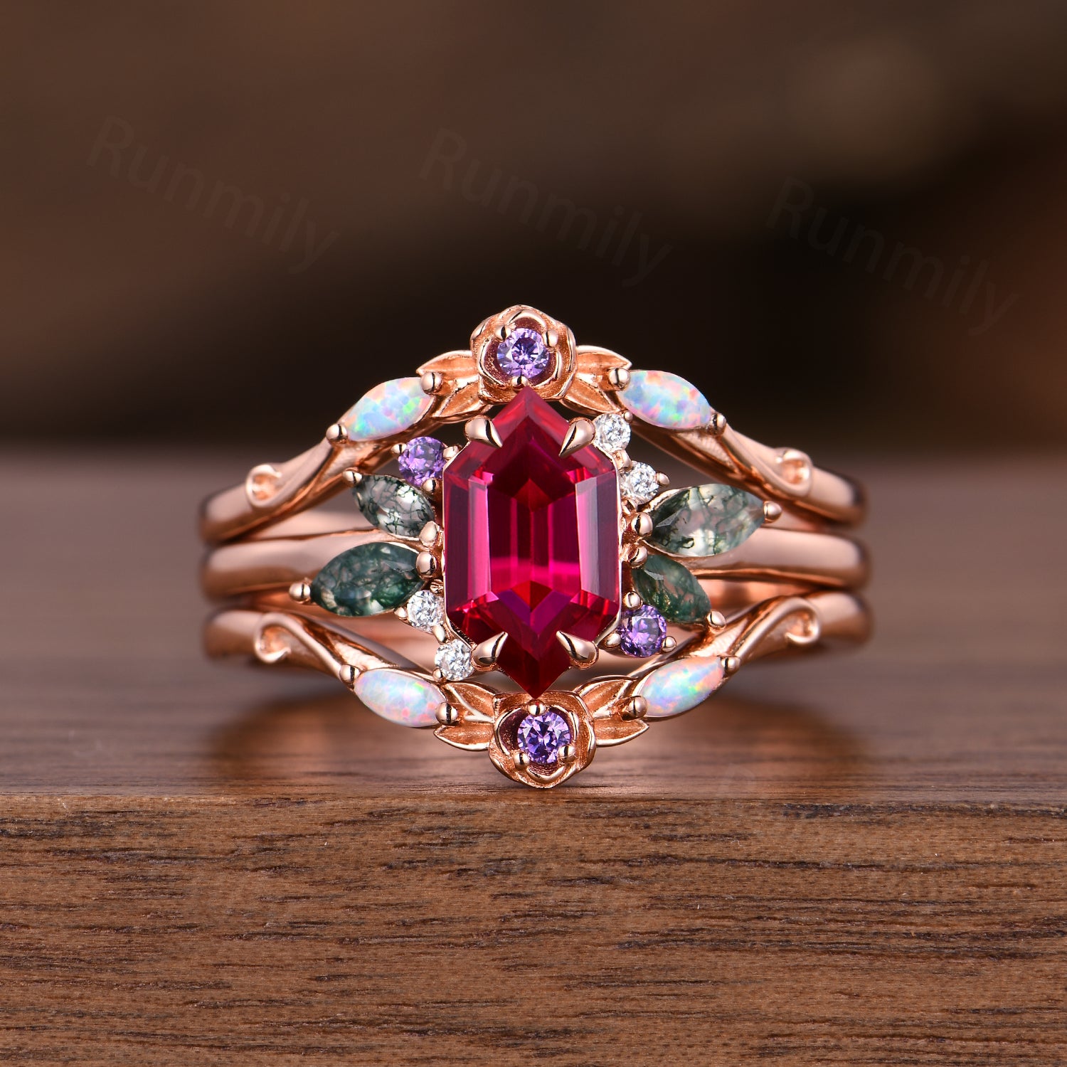 Hexagon cut Ruby Opal engagement ring set women 14k rose gold moss agate branch leaf cluster wedding band Floral promise ring for her