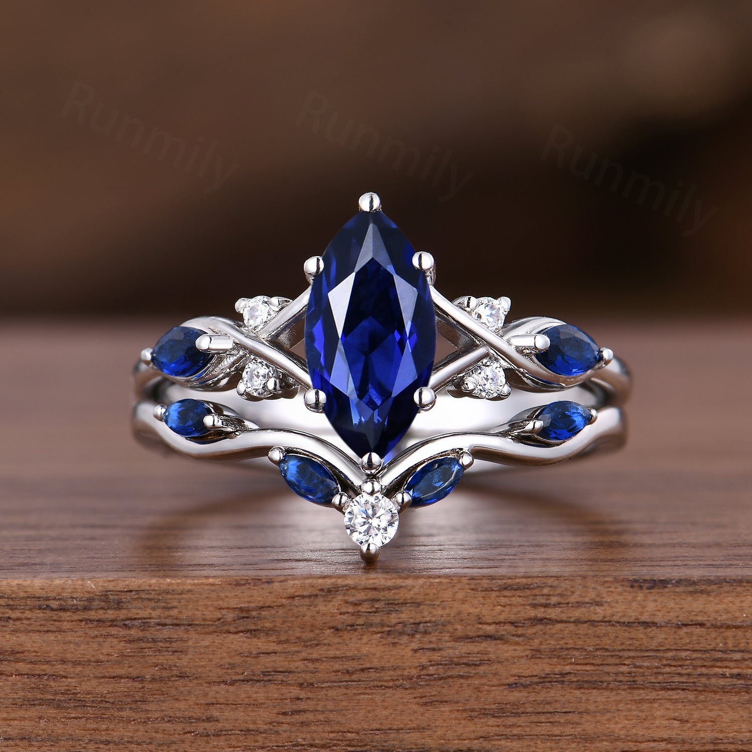 1CT Marquise Cut Blue Sapphire Engagement Ring Set Twist White Gold Promise Ring Bridal Wedding Ring Set September Birthstone Gifts