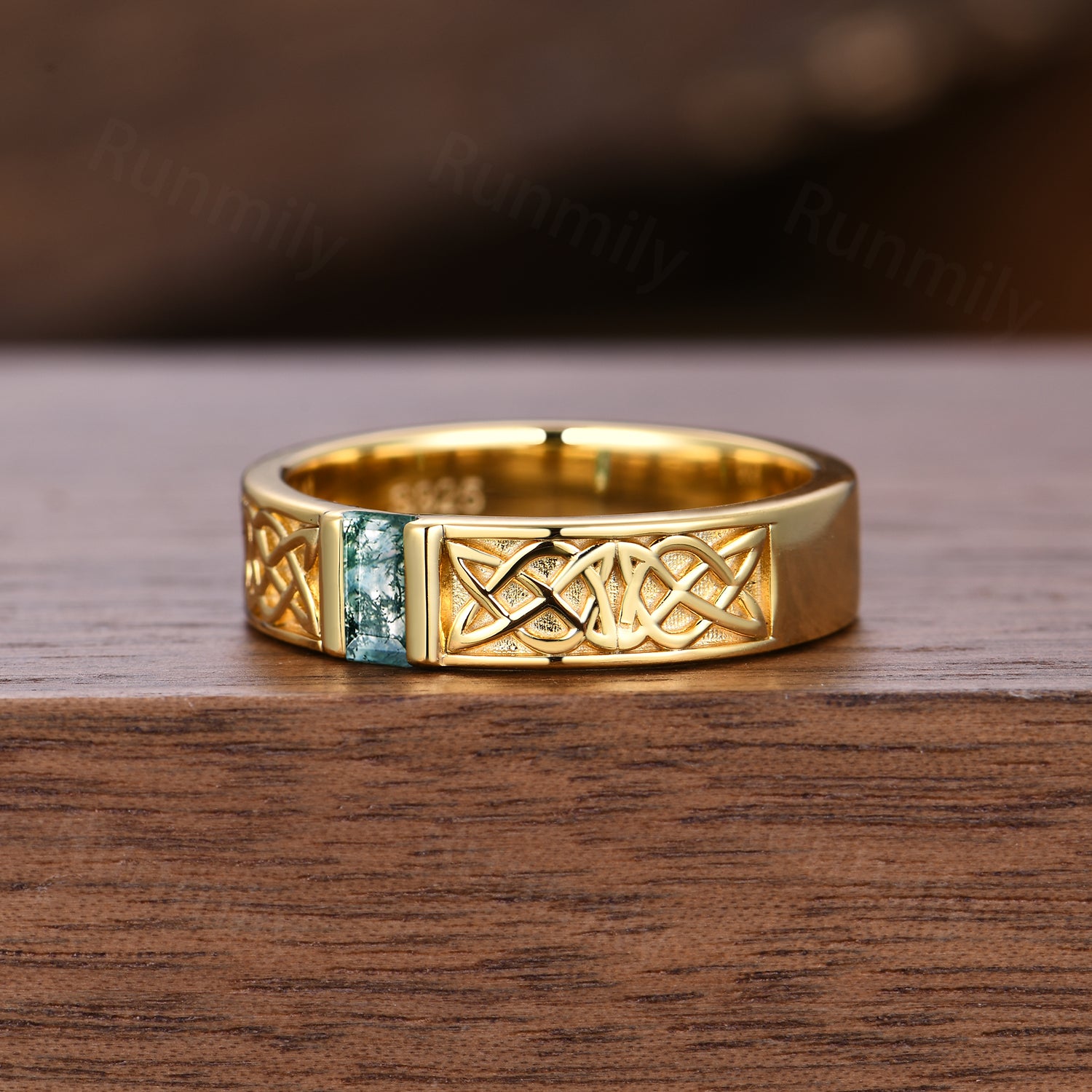 Celtic Knot Ring, Moss Agate Mens Wedding Band, Baguette Cut Gem Ring, Stacking Wedding Band, Yellow Gold Engagement Anniversary Mens Ring