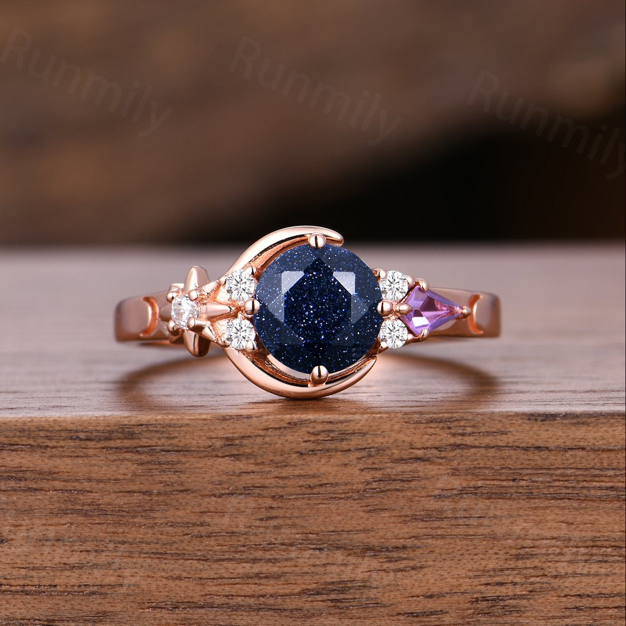 6.5mm Round Galaxy Blue Sandstone Crescent Moon Ring Vintage Art Deco Rose Gold Amethyst Wedding Ring Cluster Promise Rings