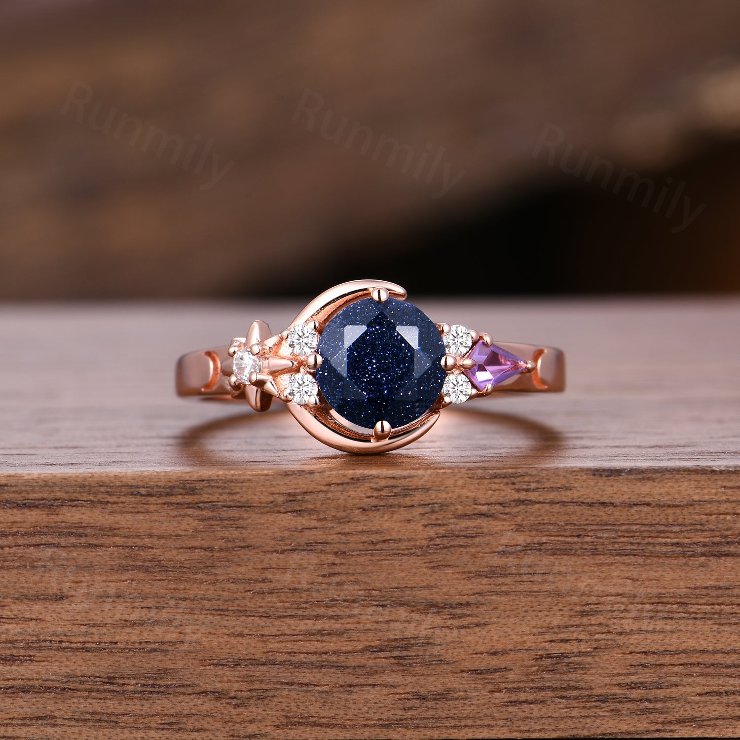 6.5mm Round Galaxy Blue Sandstone Crescent Moon Ring Vintage Art Deco Rose Gold Amethyst Wedding Ring Cluster Promise Rings