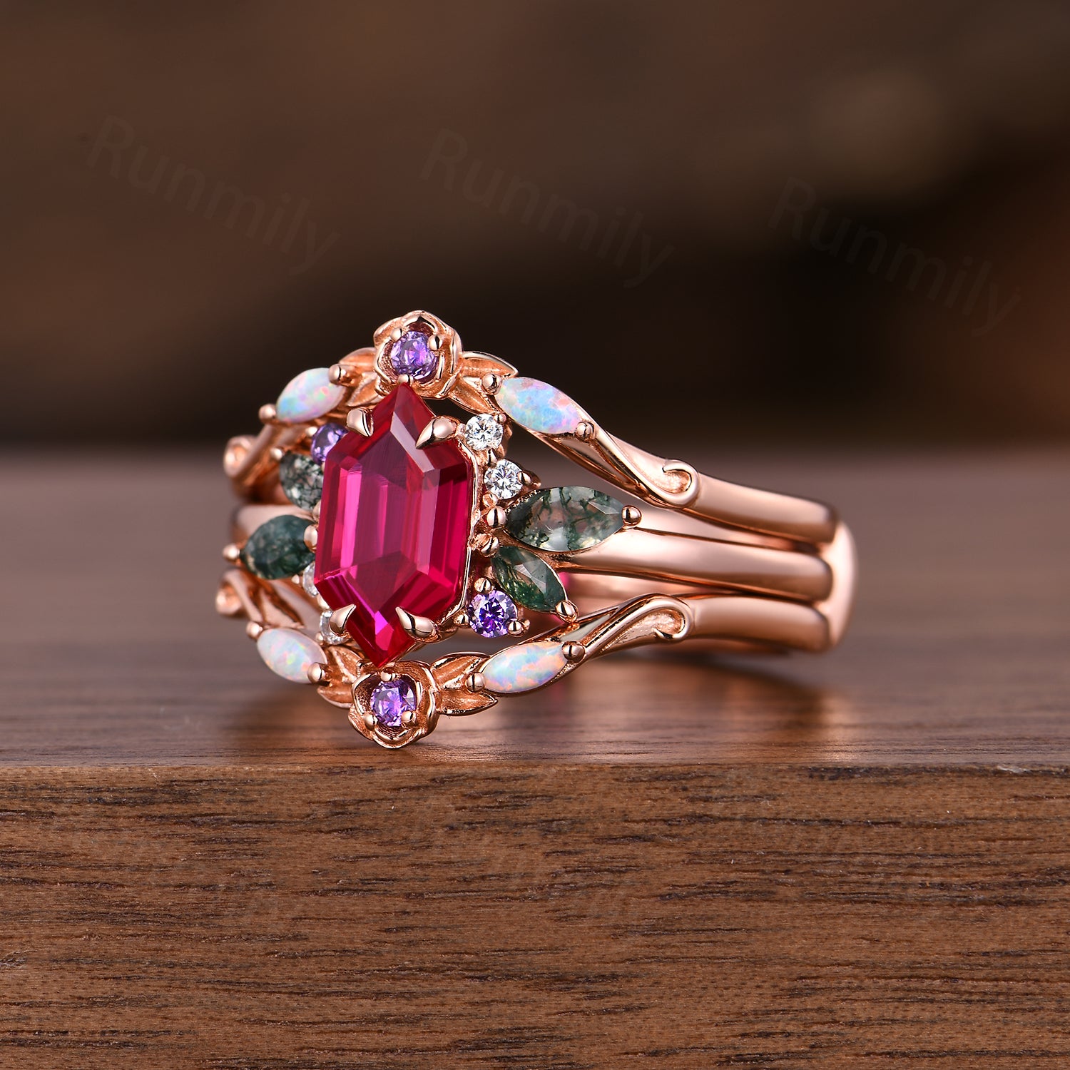 Hexagon cut Ruby Opal engagement ring set women 14k rose gold moss agate branch leaf cluster wedding band Floral promise ring for her