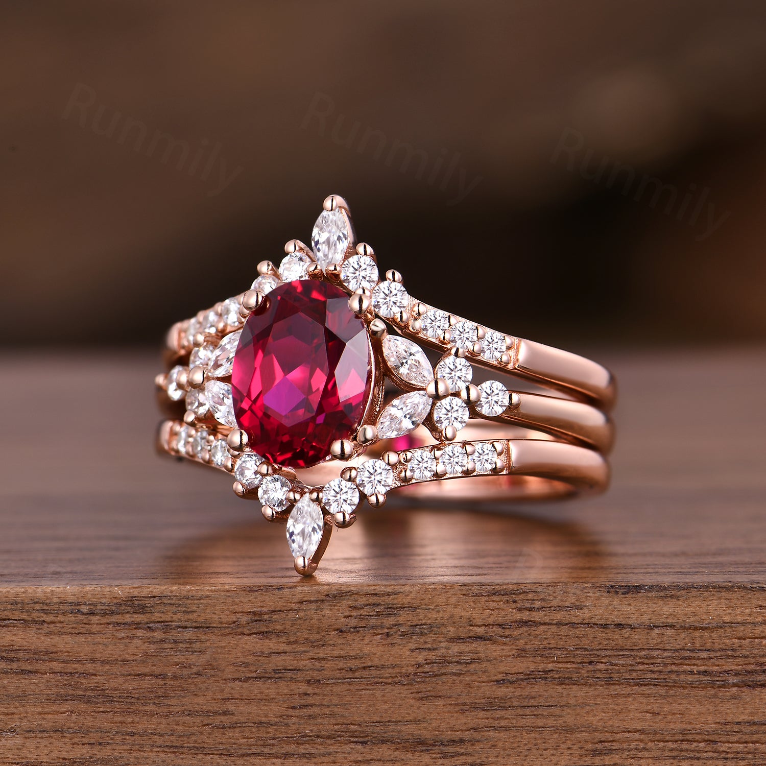 Vintage Oval Ruby Engagement Ring Set Art Deco Double Curved Moissanite Band Rose Gold Stacking Bridal Ring Set