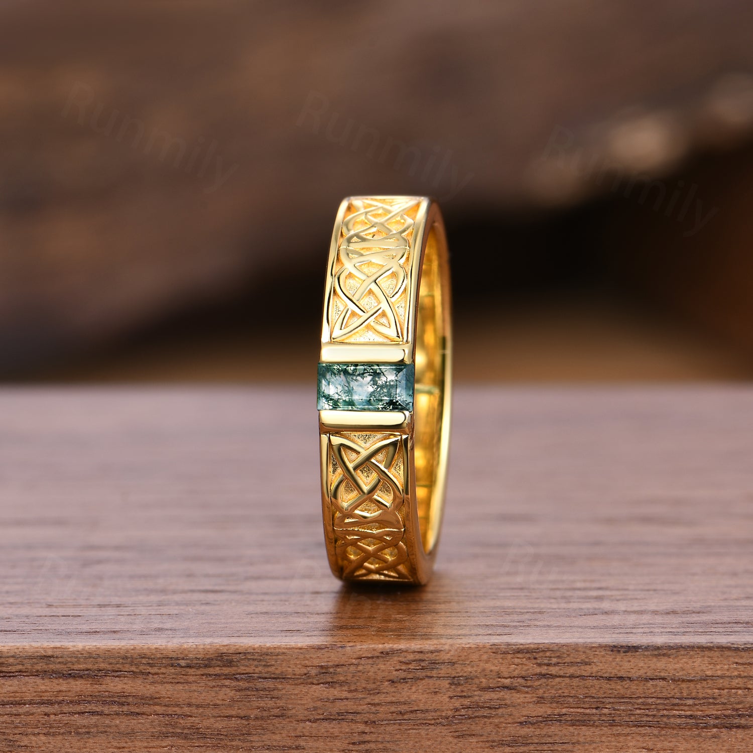 Celtic Knot Ring, Moss Agate Mens Wedding Band, Baguette Cut Gem Ring, Stacking Wedding Band, Yellow Gold Engagement Anniversary Mens Ring