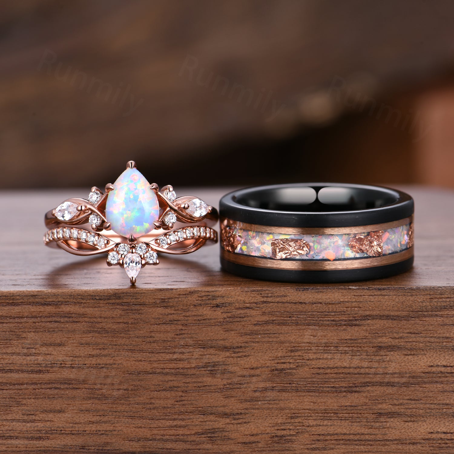Vintage Pear Opal Couples Ring Set Unique Cluster Diamond Bridal Ring Rose Gold His and Hers Bands Mens Opal Tungsten Ring Promise Rings