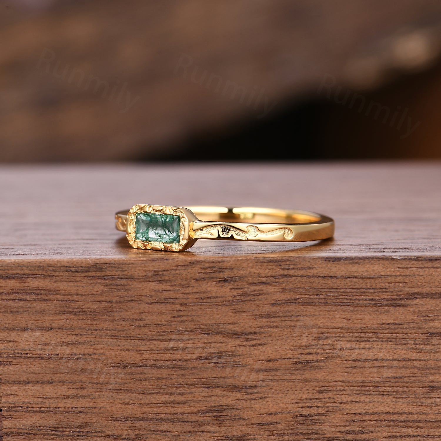 Art Deco Baguette Moss Agate Wedding Ring Unique Filigree Wedding Band Solid 14K Yellow Gold Ring For Women Anniversary Vintage Band