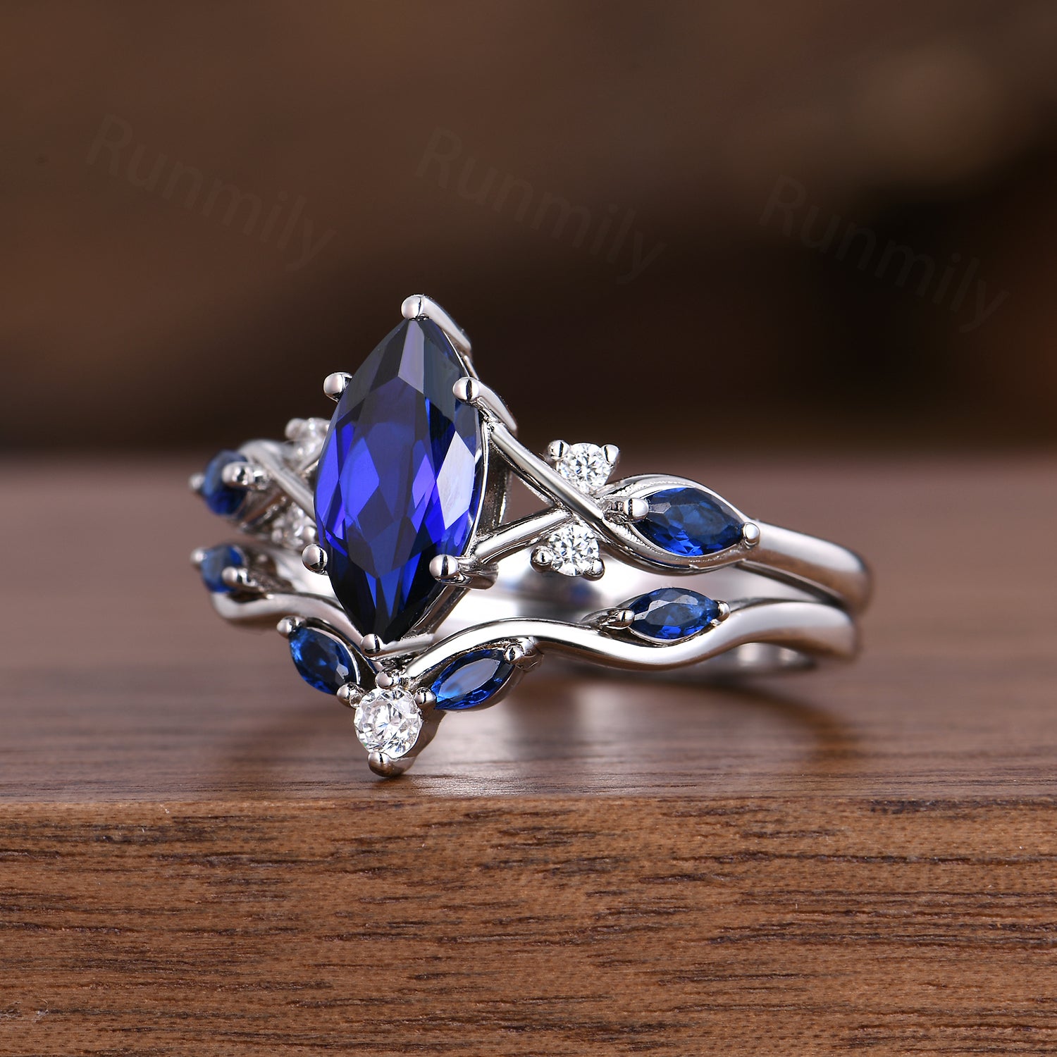 1CT Marquise Cut Blue Sapphire Engagement Ring Set Twist White Gold Promise Ring Bridal Wedding Ring Set September Birthstone Gifts