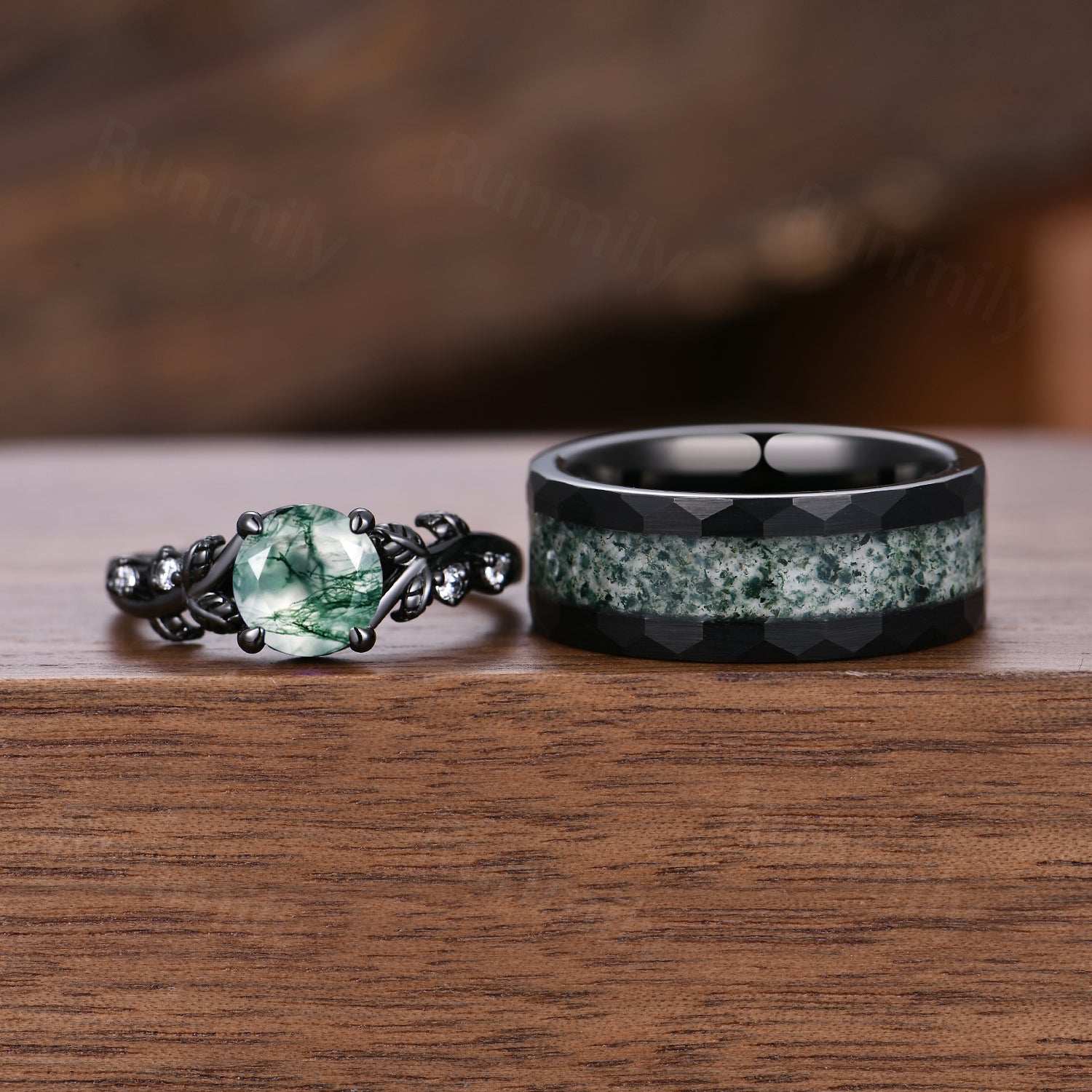 Natural Moss Agate Couples Ring Set Gothic Black Gold His and Her Wedding Band Mens Moss Agate Ring Unique Round Cut Promise Rings