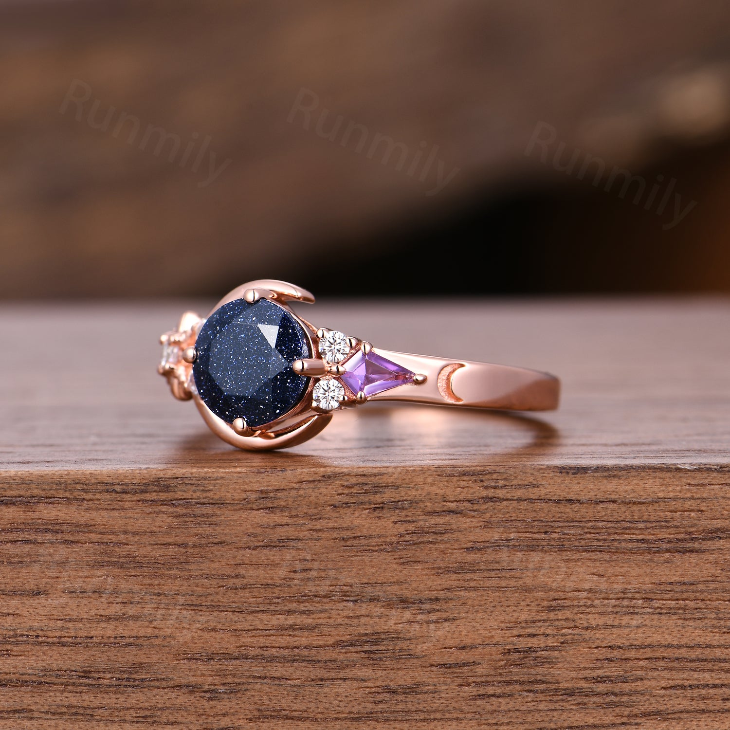 6.5mm Round Galaxy Blue Sandstone Crescent Moon Ring Vintage Art Deco Rose Gold Amethyst Wedding Ring Cluster Promise Rings