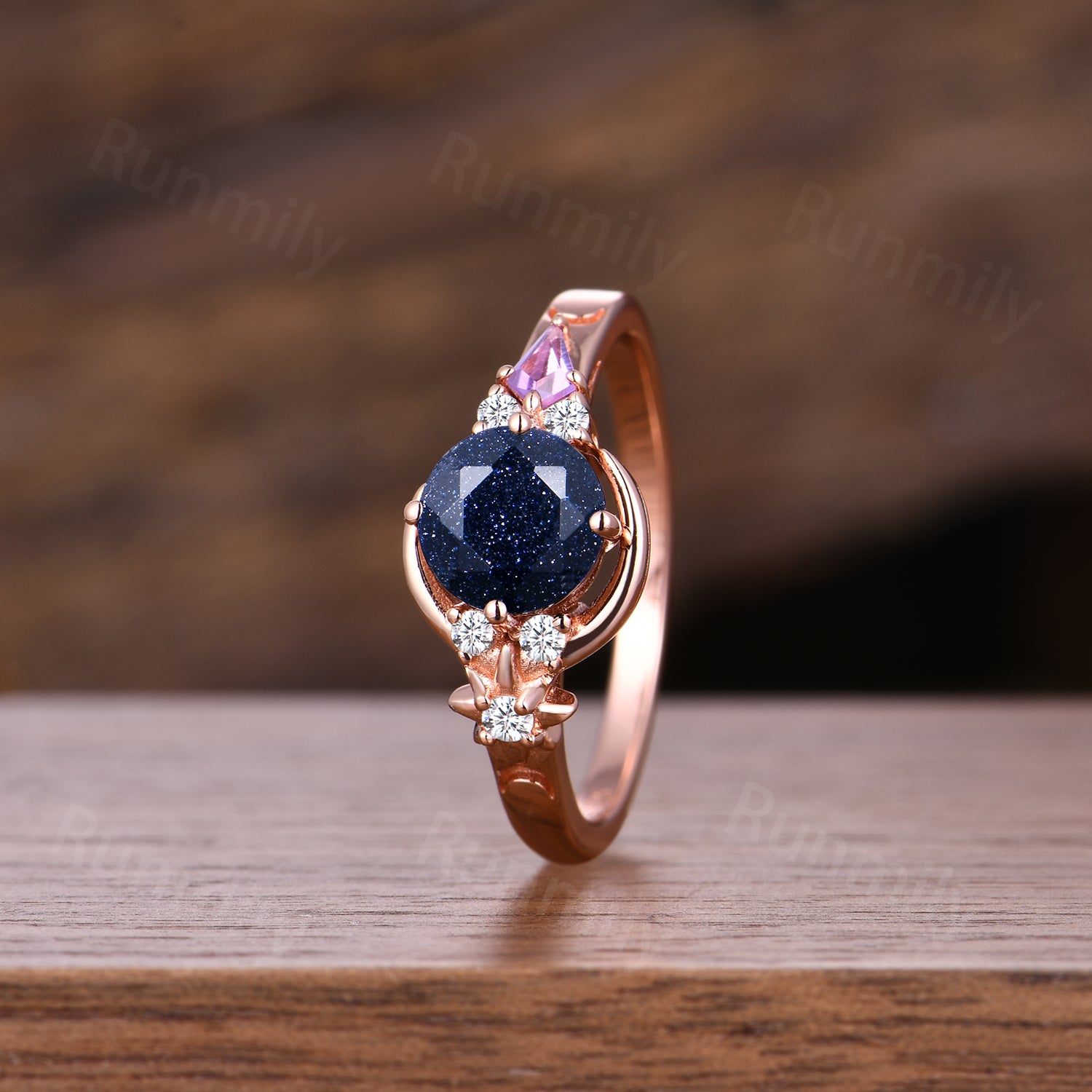 6.5mm Round Galaxy Blue Sandstone Crescent Moon Ring Vintage Art Deco Rose Gold Amethyst Wedding Ring Cluster Promise Rings