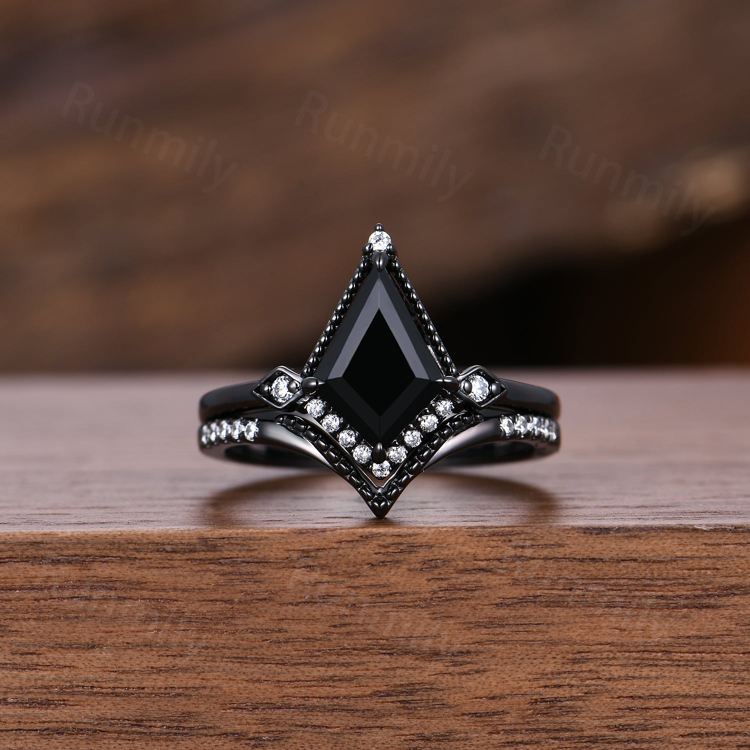 Black Onyx & Meteorite Couples Ring- His and Hers Wedding Band- Black Gold Ring Set- Matching Art Deco Couples Unique Vintage Promise Ring
