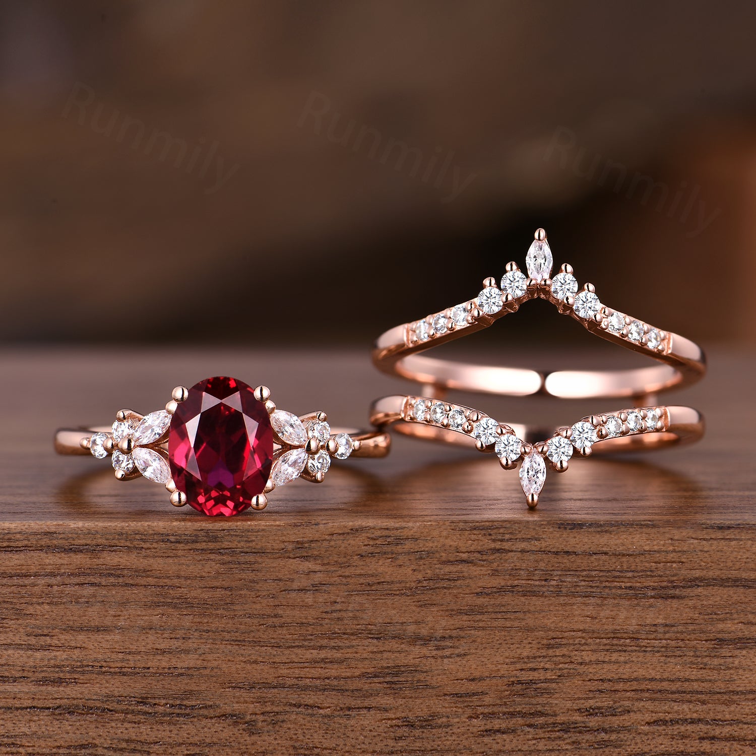 Vintage Oval Ruby Engagement Ring Set Art Deco Double Curved Moissanite Band Rose Gold Stacking Bridal Ring Set