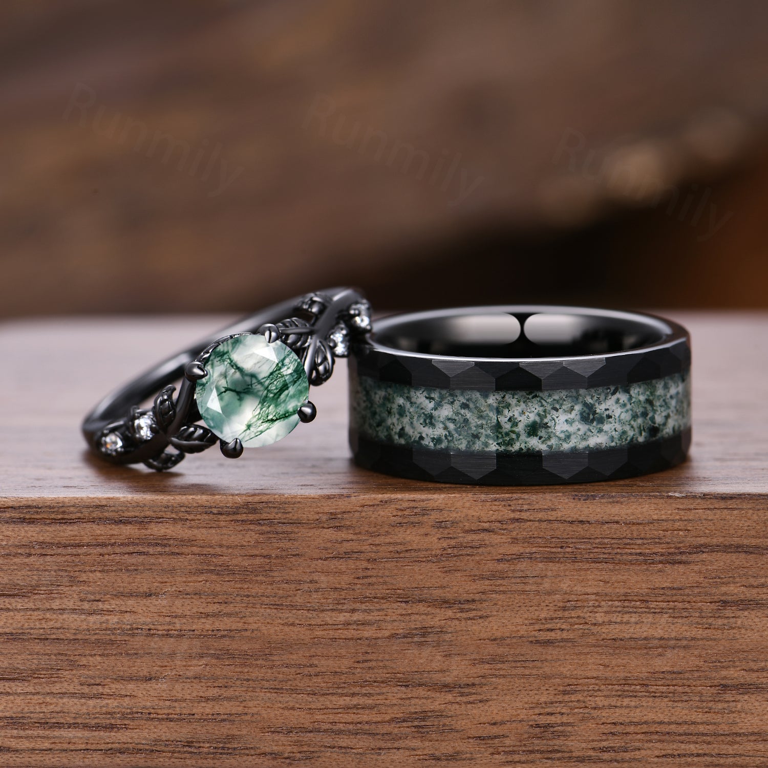 Natural Moss Agate Couples Ring Set Gothic Black Gold His and Her Wedding Band Mens Moss Agate Ring Unique Round Cut Promise Rings