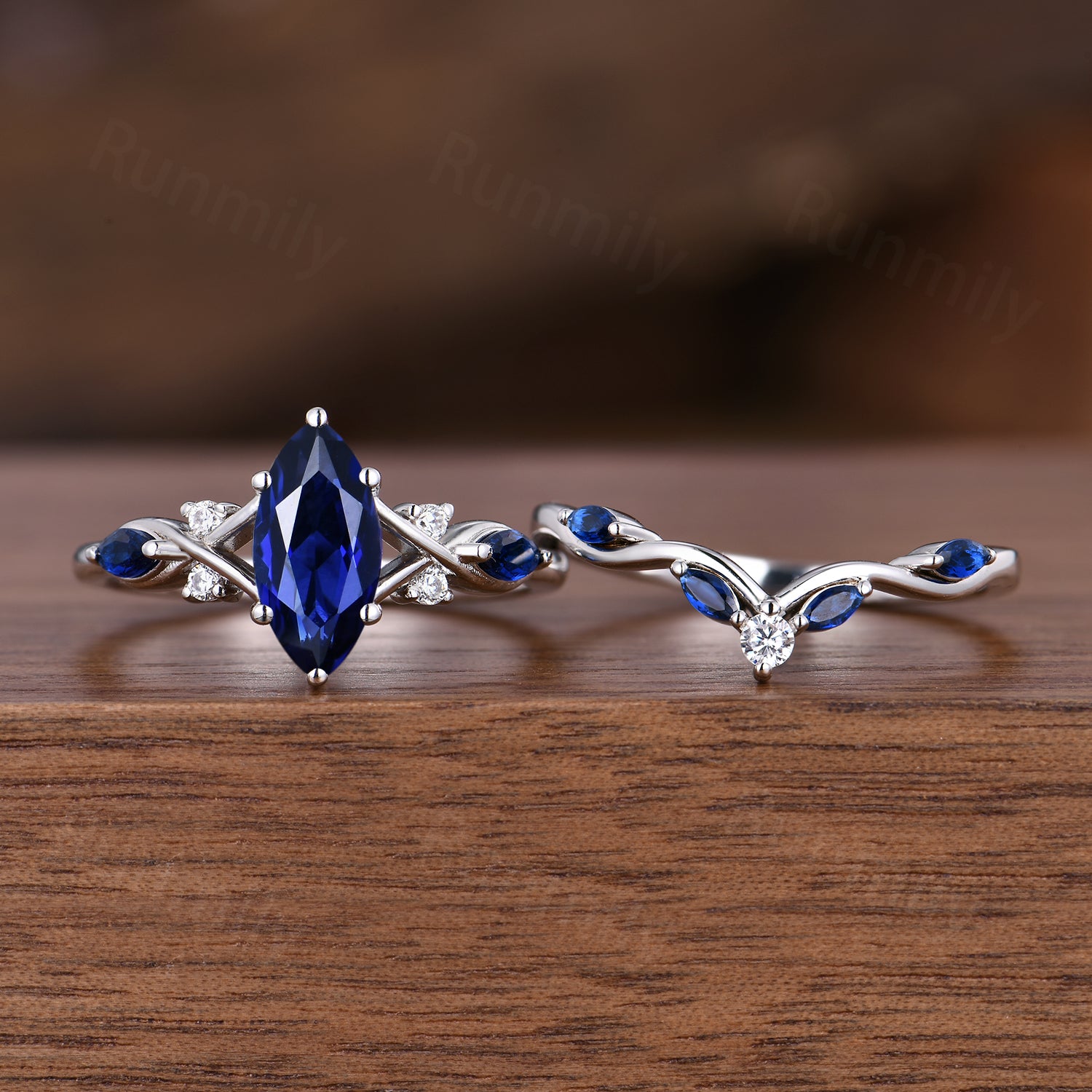 1CT Marquise Cut Blue Sapphire Engagement Ring Set Twist White Gold Promise Ring Bridal Wedding Ring Set September Birthstone Gifts