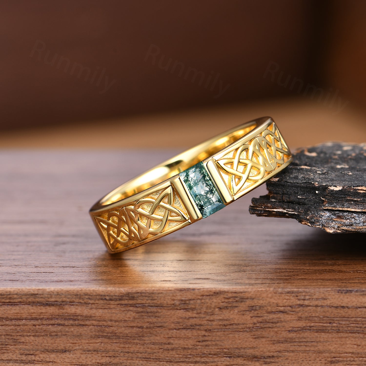 Celtic Knot Ring, Moss Agate Mens Wedding Band, Baguette Cut Gem Ring, Stacking Wedding Band, Yellow Gold Engagement Anniversary Mens Ring