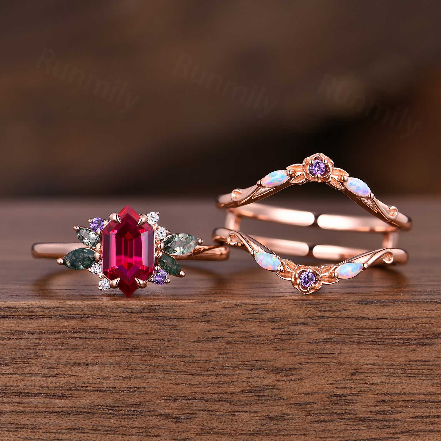 Hexagon cut Ruby Opal engagement ring set women 14k rose gold moss agate branch leaf cluster wedding band Floral promise ring for her