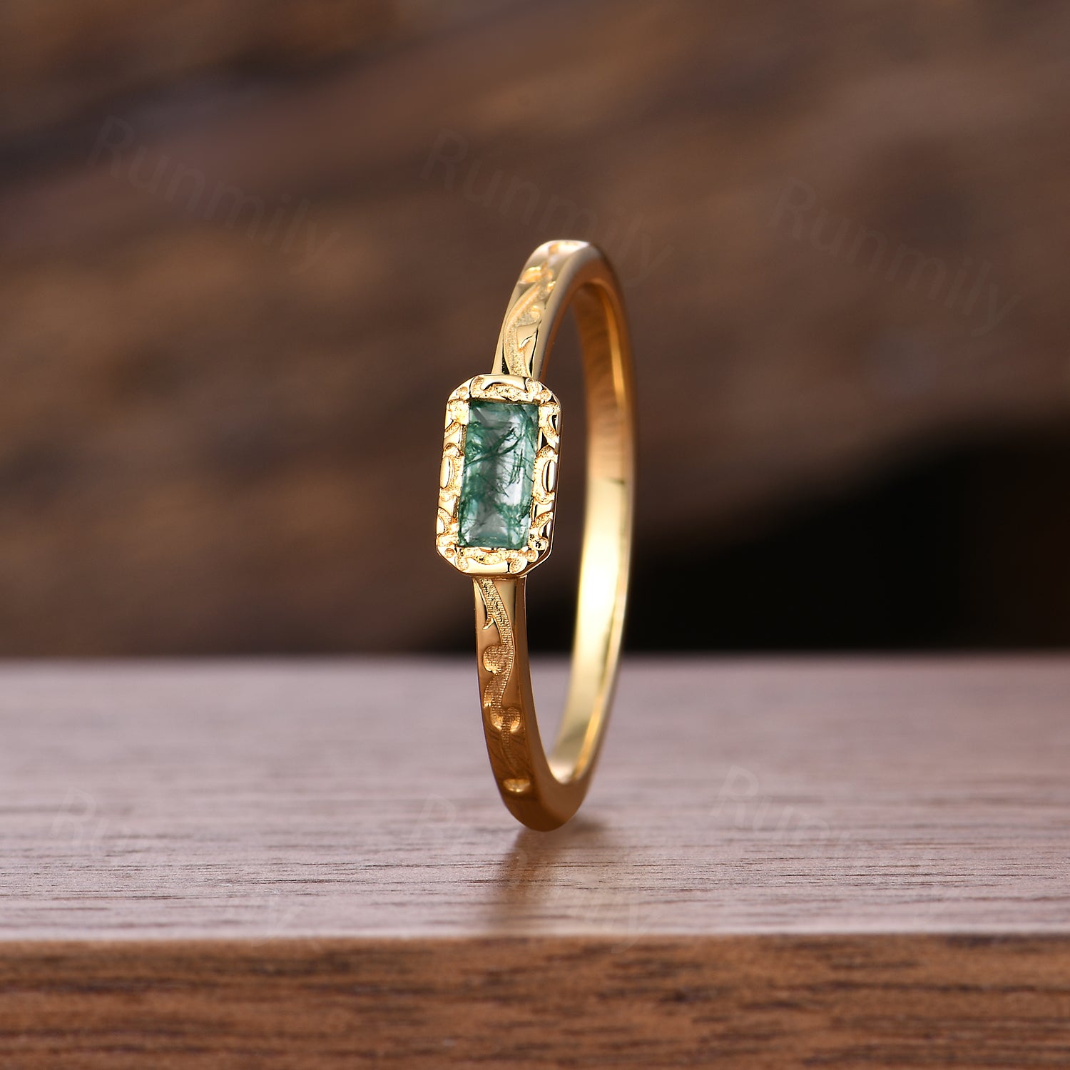 Art Deco Baguette Moss Agate Wedding Ring Unique Filigree Wedding Band Solid 14K Yellow Gold Ring For Women Anniversary Vintage Band