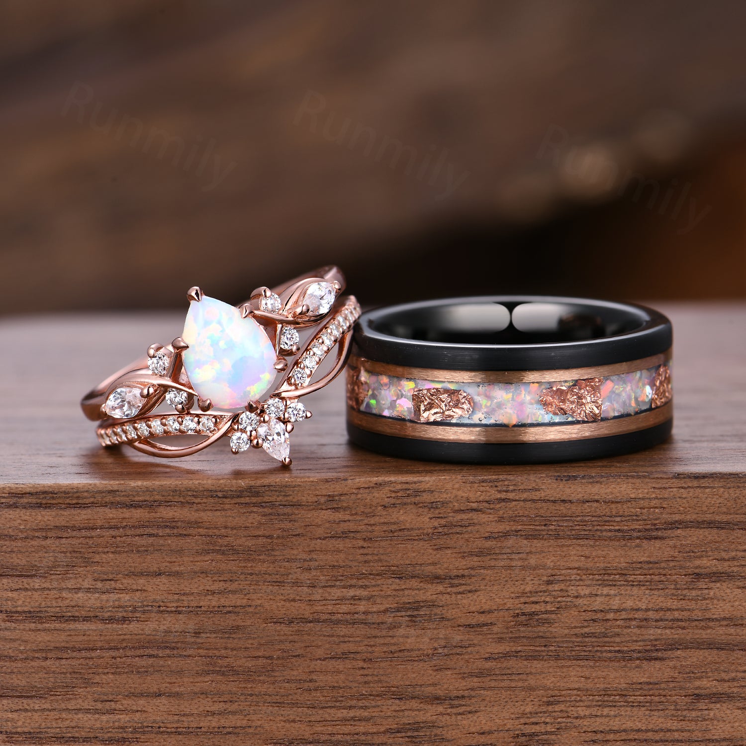 Vintage Pear Opal Couples Ring Set Unique Cluster Diamond Bridal Ring Rose Gold His and Hers Bands Mens Opal Tungsten Ring Promise Rings