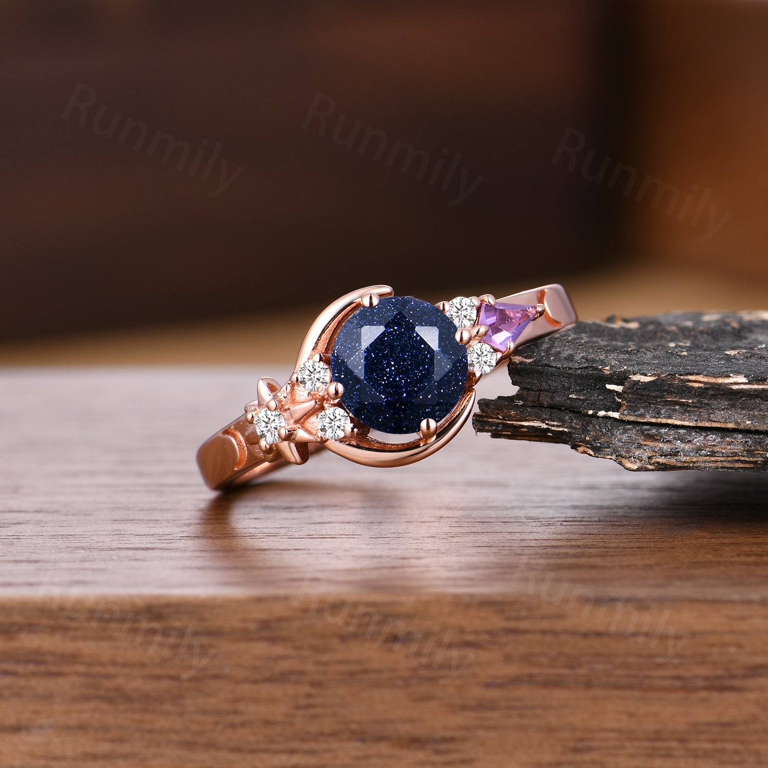 6.5mm Round Galaxy Blue Sandstone Crescent Moon Ring Vintage Art Deco Rose Gold Amethyst Wedding Ring Cluster Promise Rings