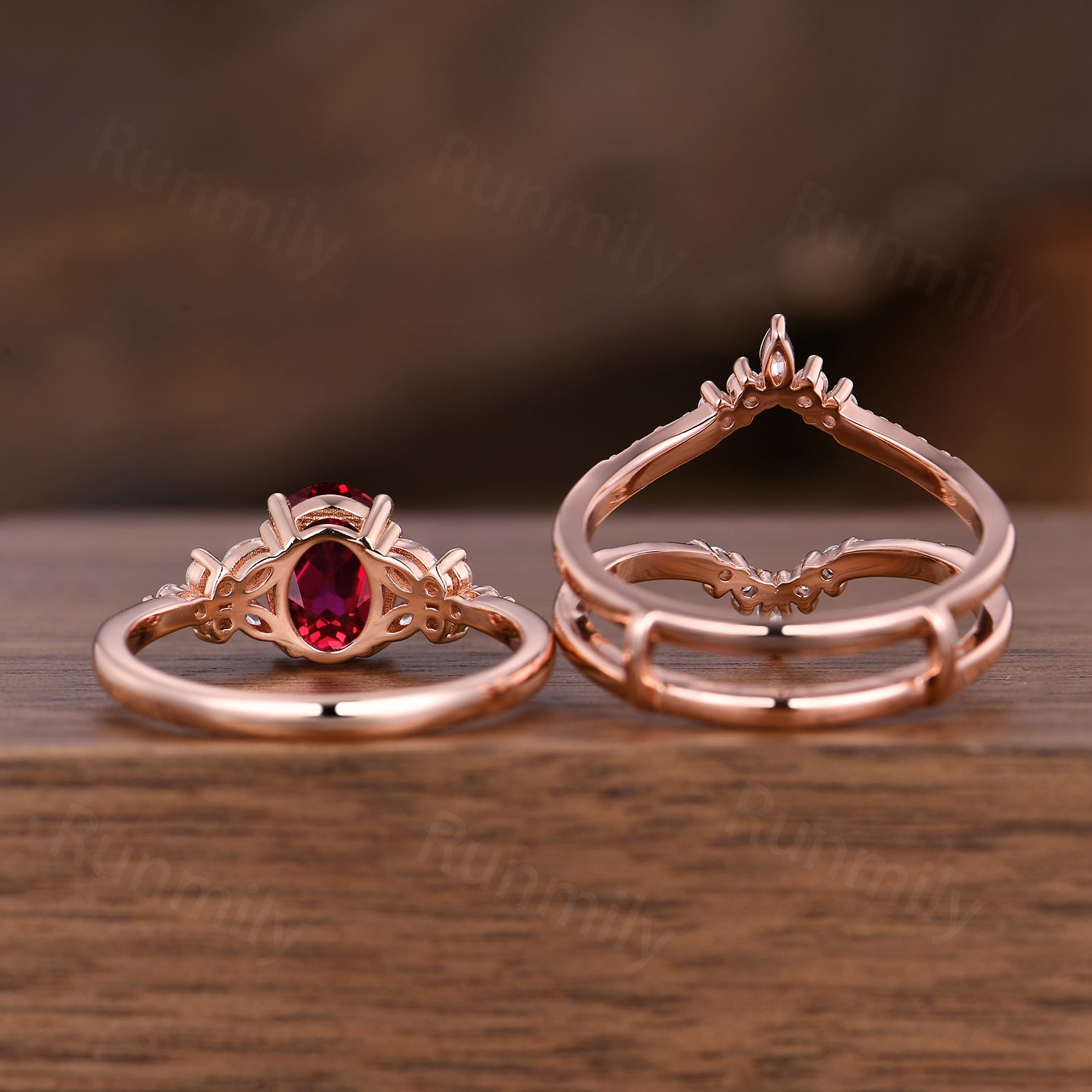 Vintage Oval Ruby Engagement Ring Set Art Deco Double Curved Moissanite Band Rose Gold Stacking Bridal Ring Set