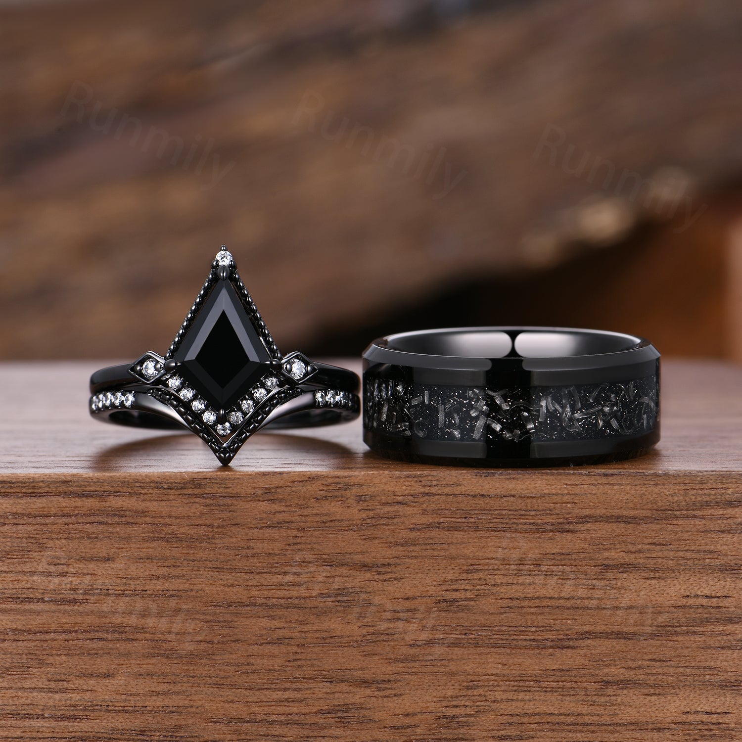 Black Onyx & Meteorite Couples Ring- His and Hers Wedding Band- Black Gold Ring Set- Matching Art Deco Couples Unique Vintage Promise Ring