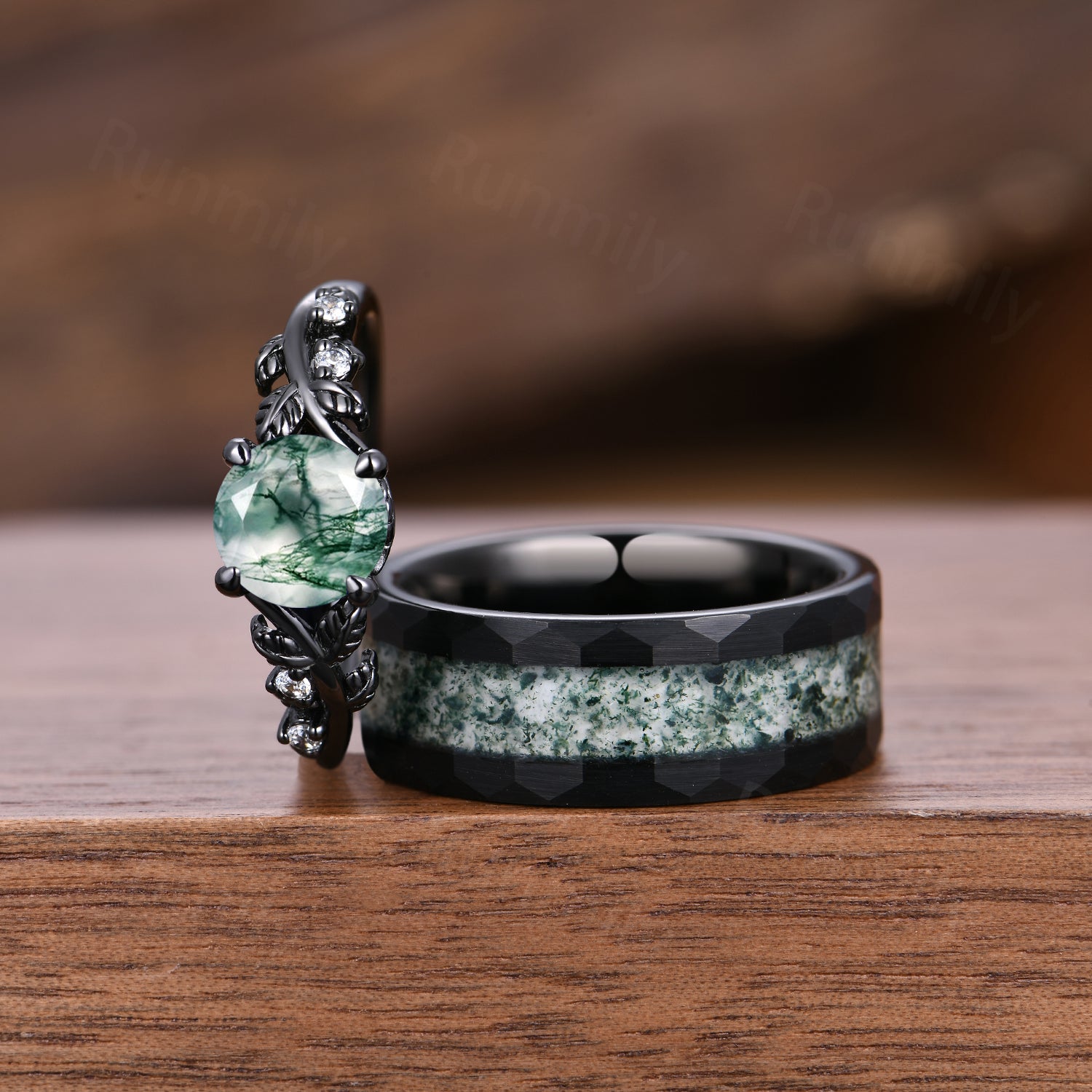 Natural Moss Agate Couples Ring Set Gothic Black Gold His and Her Wedding Band Mens Moss Agate Ring Unique Round Cut Promise Rings