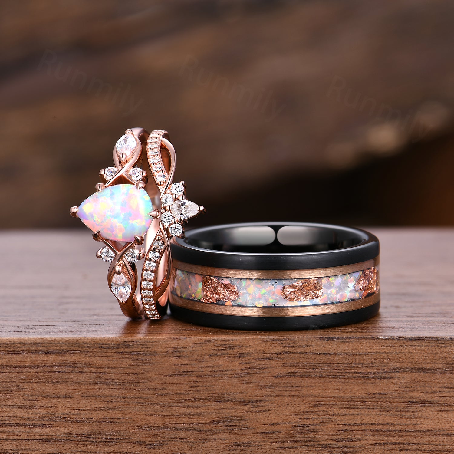Vintage Pear Opal Couples Ring Set Unique Cluster Diamond Bridal Ring Rose Gold His and Hers Bands Mens Opal Tungsten Ring Promise Rings